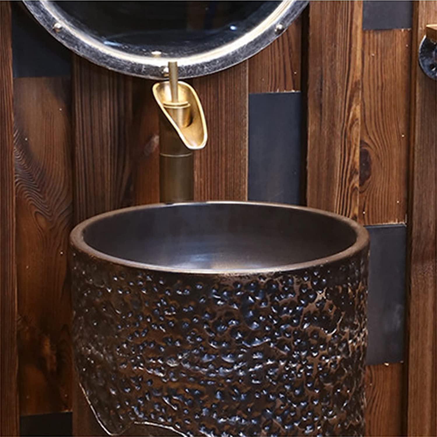 Fregadero de baño independiente con pedestal de cerámica con drenaje y grifo para interior y exterior, sin espejo