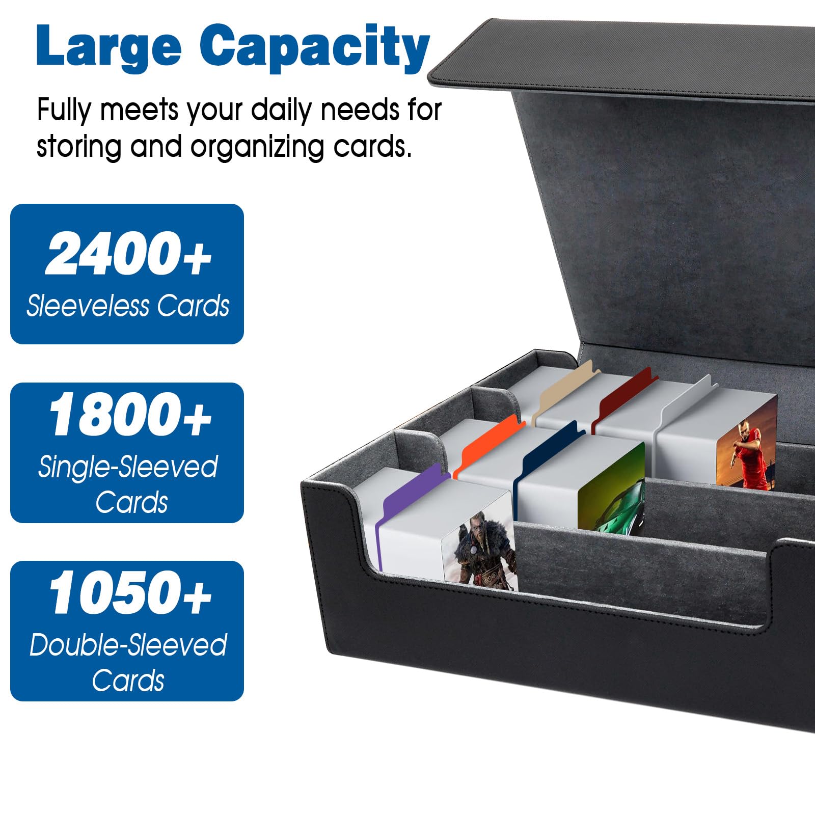 Dadabig Boîte à Cartes pour MTG, Boîte de Rangement pour Carte à Collectionner, Boîte à Cartes à Jouer avec 8 Séparateurs de Cartes pour Plus de 1800 Cartes, Deck Case Box Magnétique en Cuir(Noir)