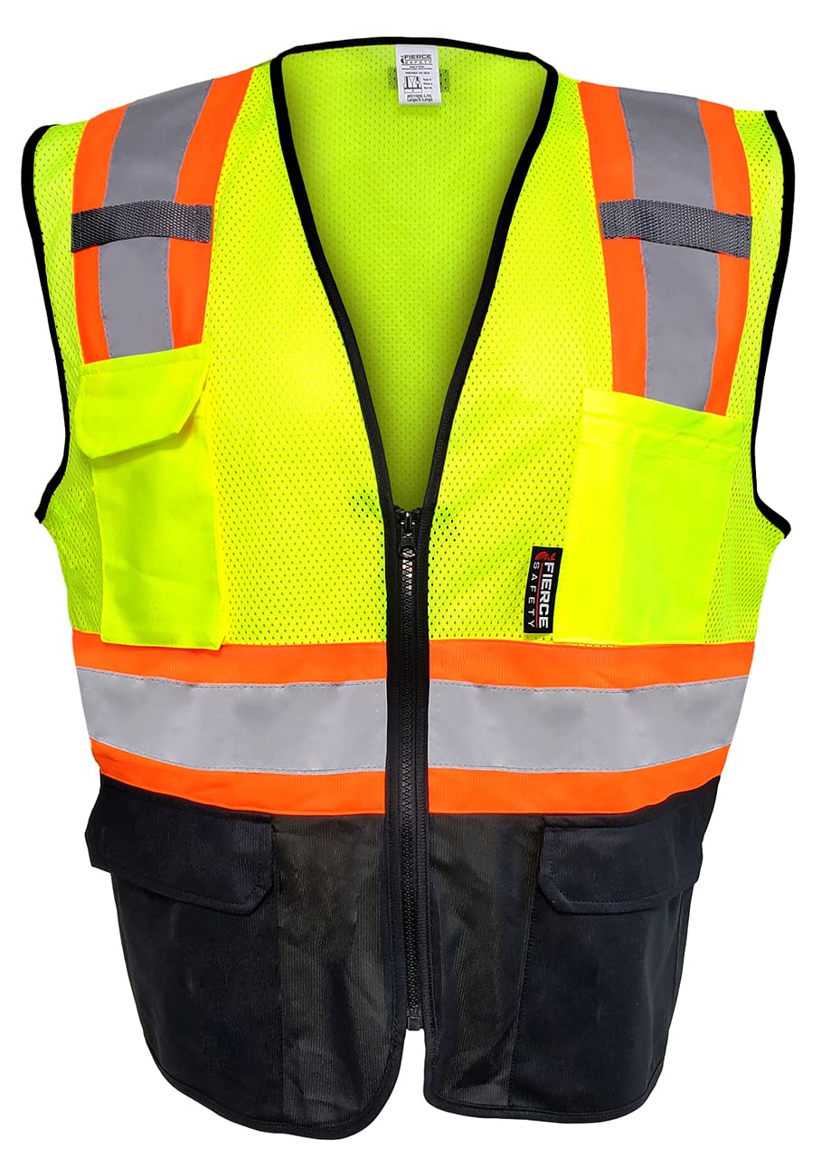Fierce Safety SU200G Surveyors Class 2 Green Vest with Orange Trim and Black Bottom 100% Polyester | Meets ANSI/ISEA | Large