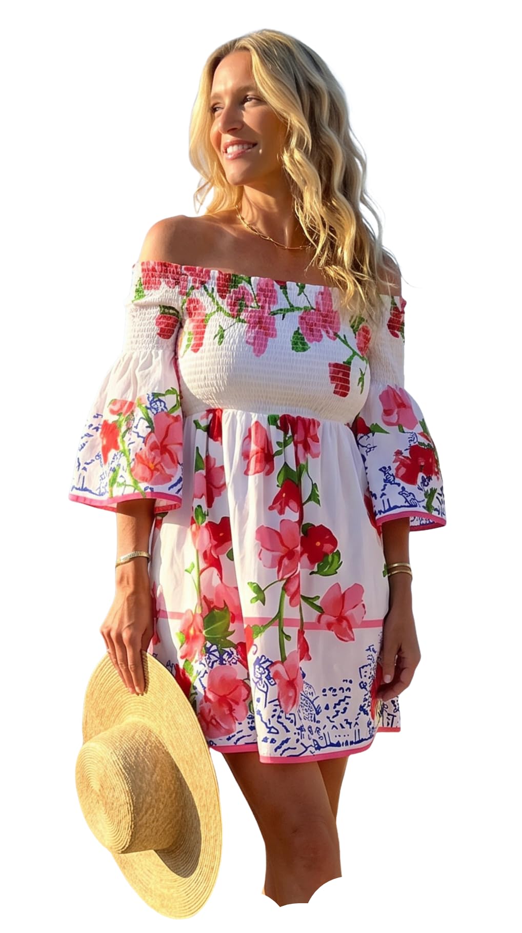Antica Sartoria - Abito corto da donna, scollo a bardot con spalle scoperte e maniche a volant, stile boho chic, in cotone, estivo