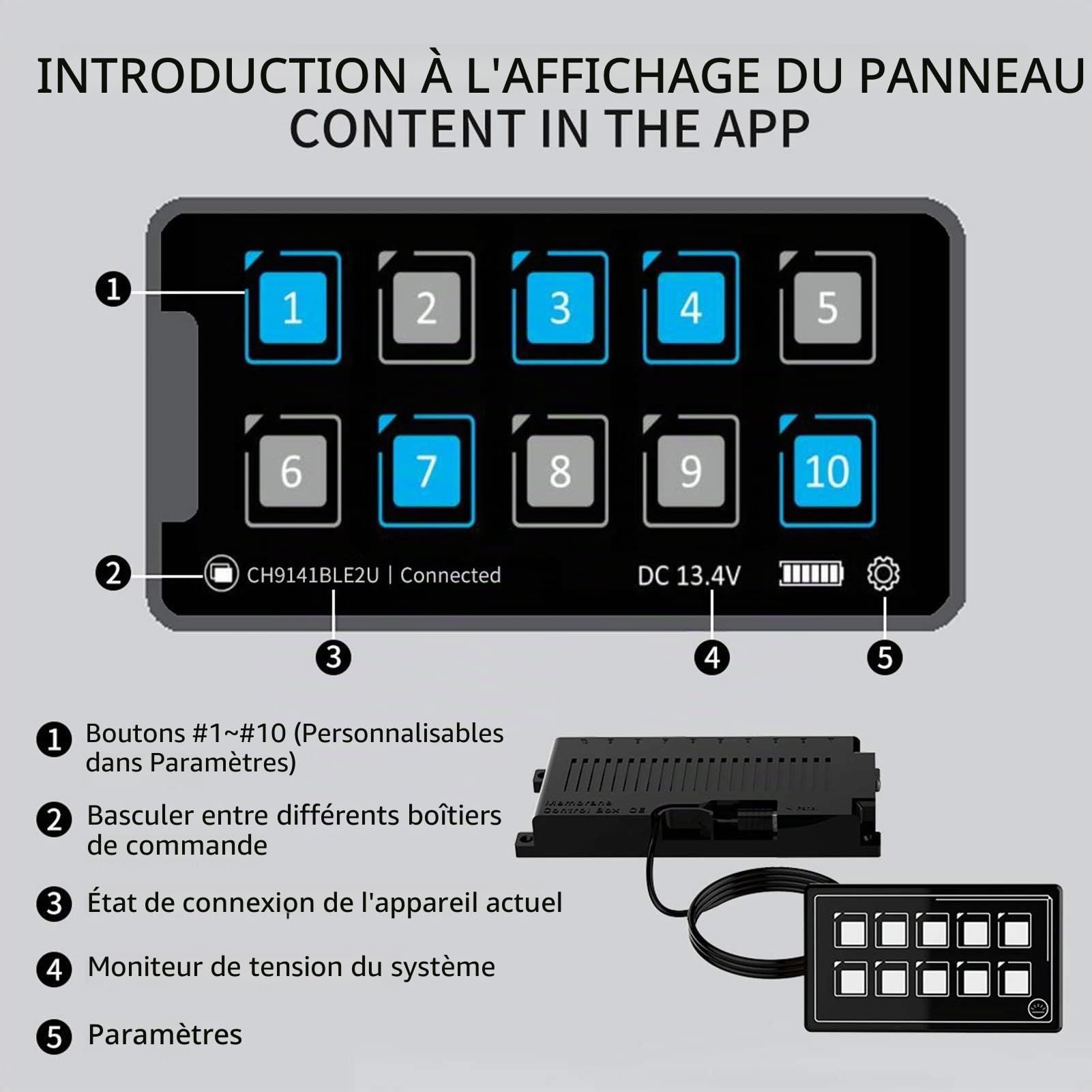 Panneau de Commutateur de Commande, Panneau de Commutateur de Commande à Membrane 10P Contrôle D'application Bluetooth avec Module de Rétroéclairage LED Tactile PPTC Intégré pour Bateau de Camping-car