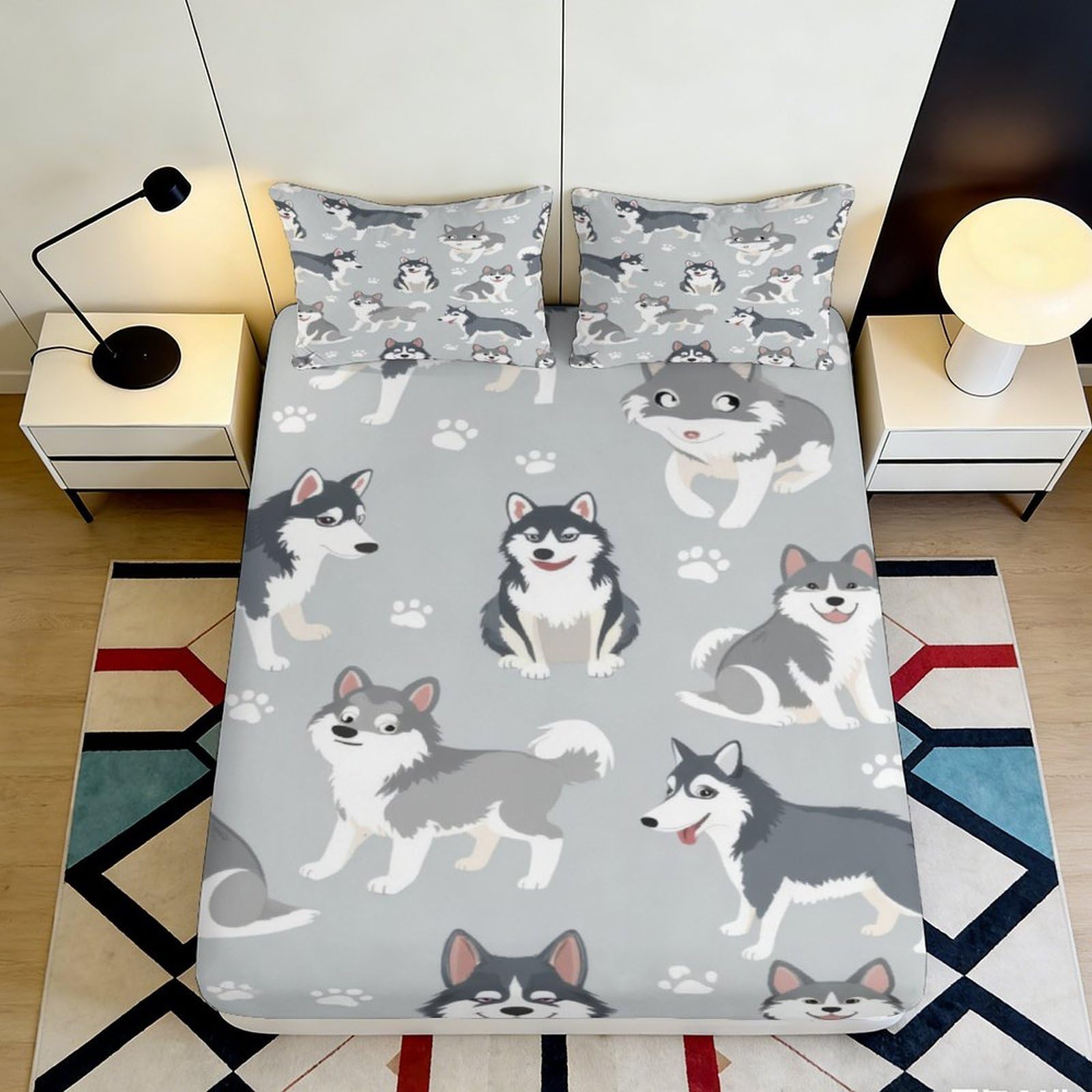 3D Printed Husky Dog Fitted Sheet Microfiber Non-Slip Cartoon Puppy Mattress Cover for Bedroom Guest Room Decor, Grey 140x200x25cm