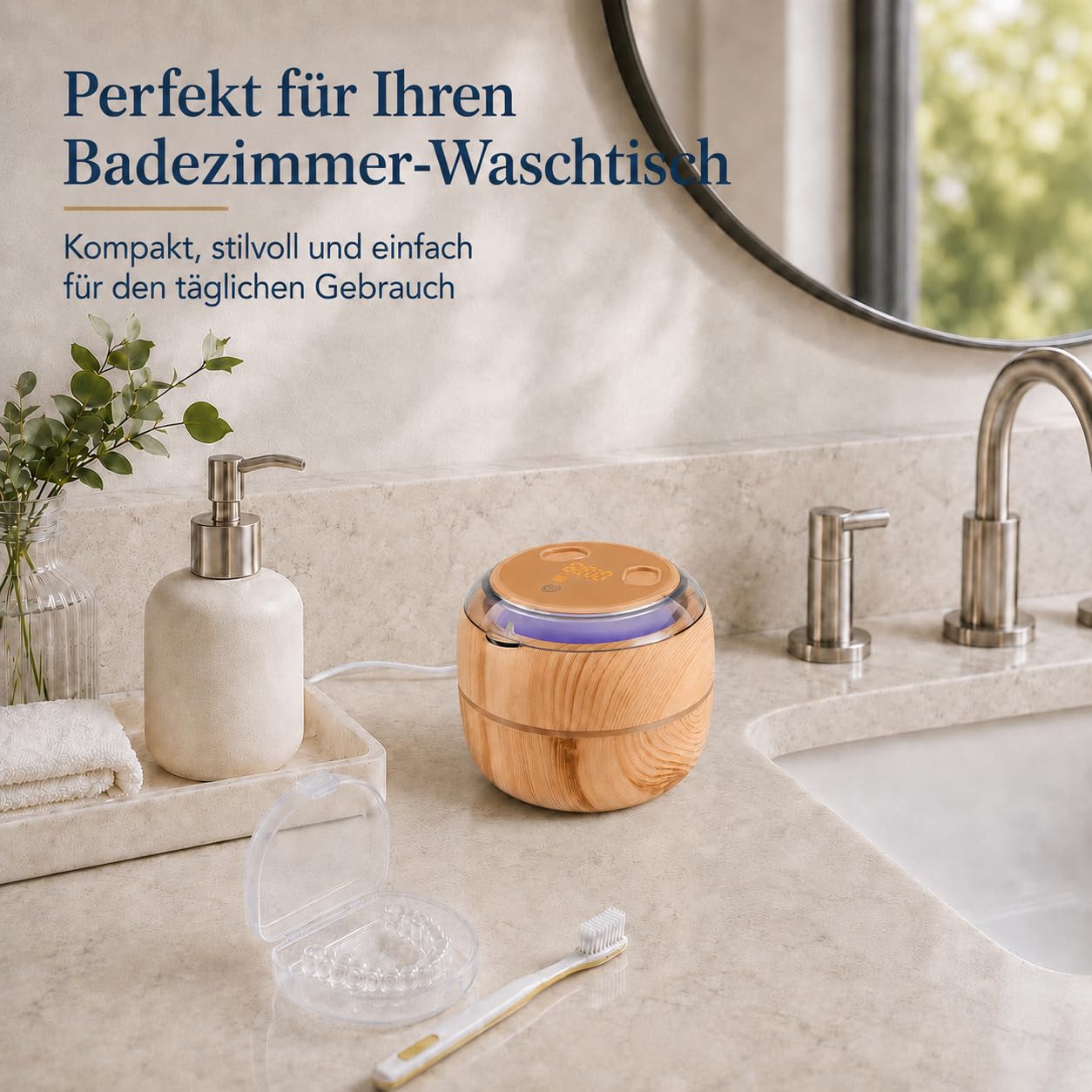Voraiya Ultraschallreinigungsgerät mit LED-Anzeige, 200ml Ultraschallreiniger Dental Pod 4-UV Effektiver Gebissreiniger für Mundschutz Zahnprothesen Zahnspangen Zahnersatz (Holzton‌)