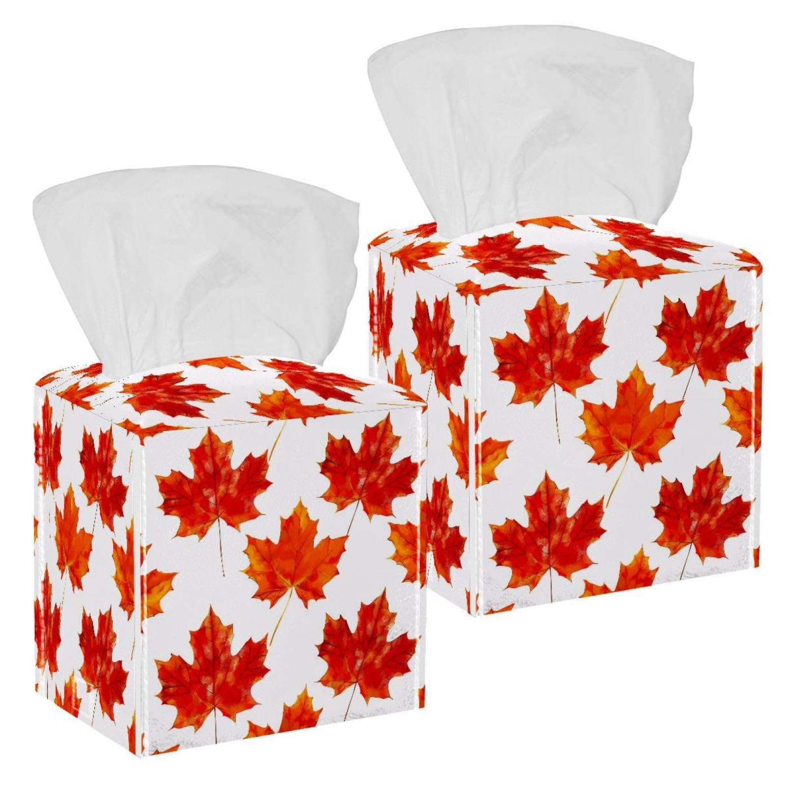 Red Autumn Maple Leaves Tissue Box Cover, 2 Pack PU Leather Square Facial Tissue Dispenser Box holder for Home Office Car