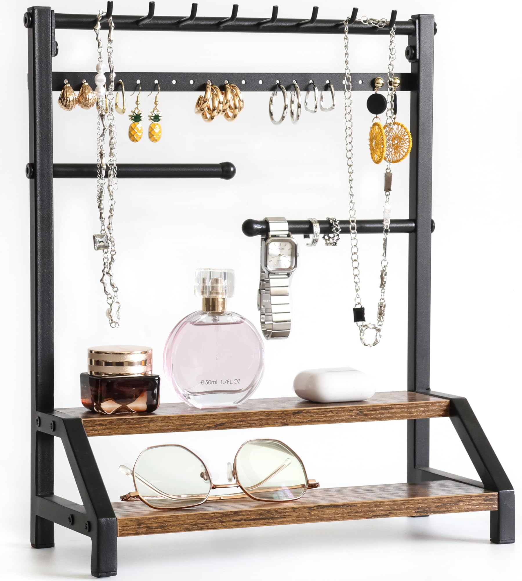 Jewelry Cologne and Watch Organizer - Dresser Organizer with Two-Tiered Shelf for Perfume, Jewelry Necklace Earring Bracelet Keys Watches Holder for