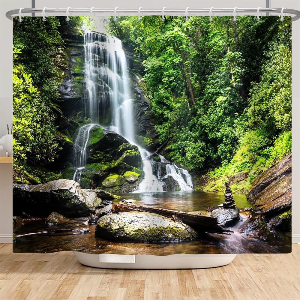 Xiaoterna Nature Shower Curtain Spring Waterfall Bathroom Curtain Tropical Jungle Green Forest Landscape Moss Stone River Washable Shower Curtain Waterproof Bathroom Home Decoration 240x180cm - Image 4