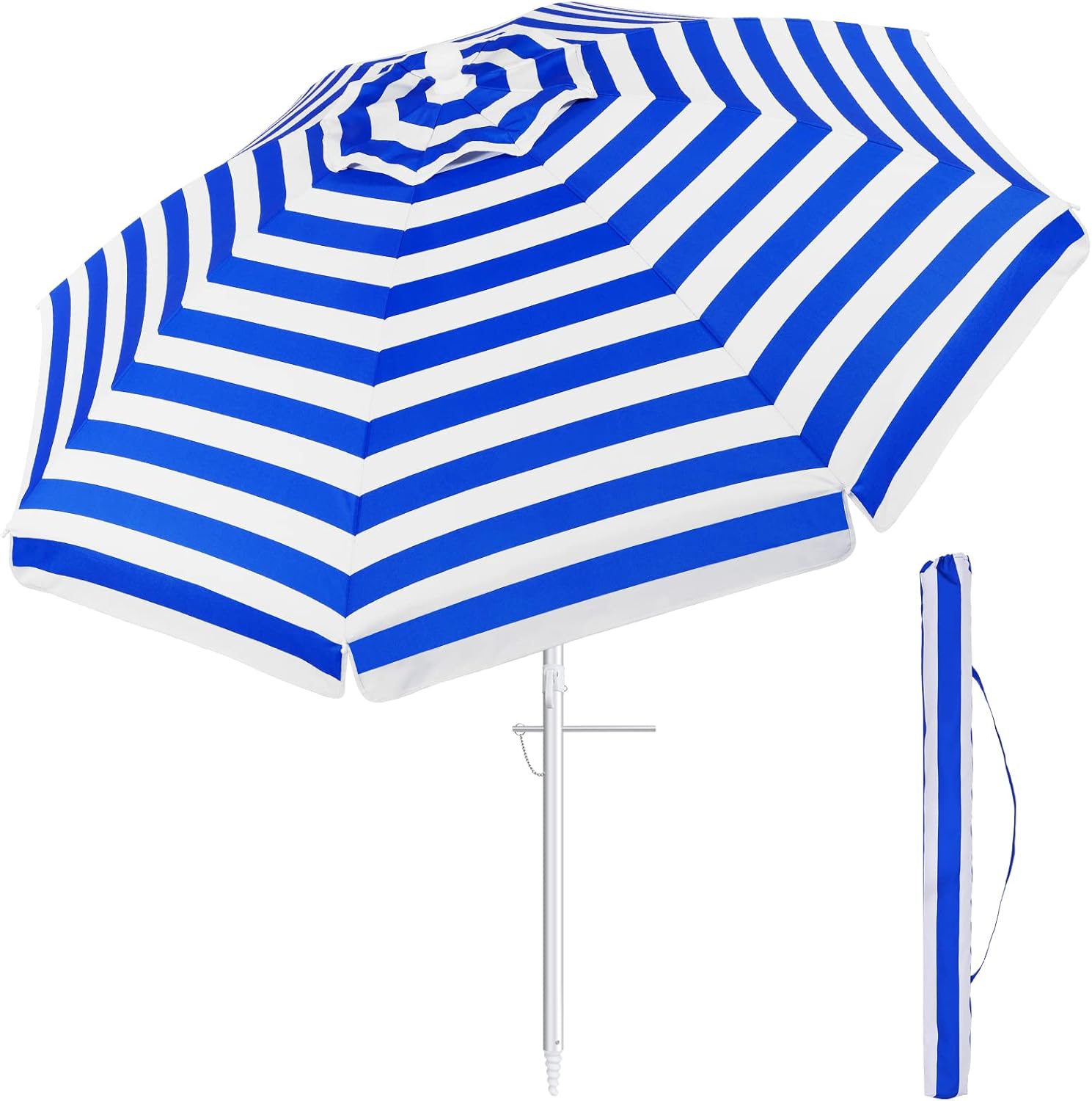 Sombrilla de 200 cm, protección UV 50+, para playa, inoxidable, con barra de aluminio inclinable, a rayas, para balcón, terraza, jardín