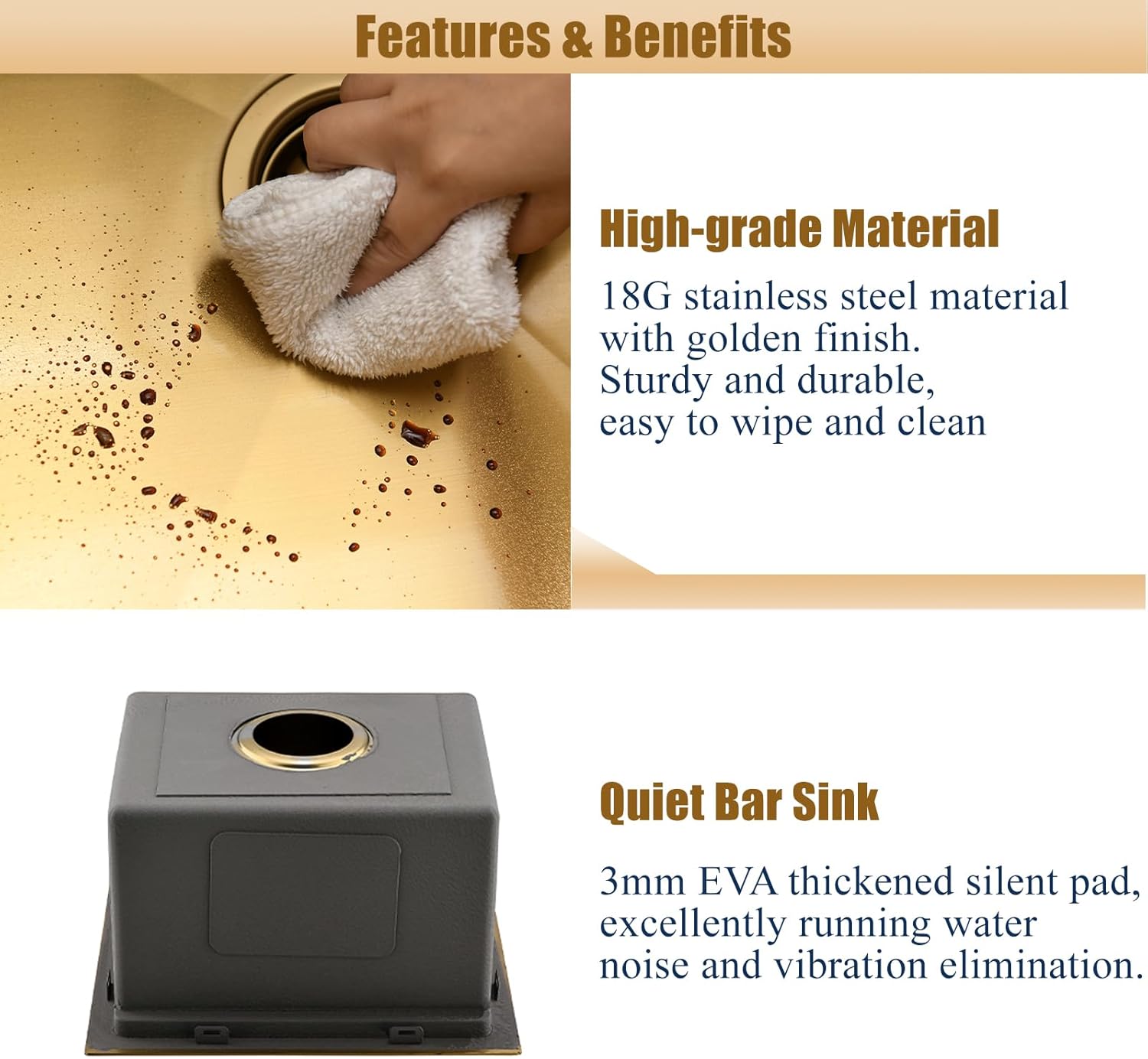 Gold Undermount Bar Sink Workstation,16x19 Small Kitchen Sink Brushed Gold Bar Sinks Undermount 18 Gauge Single Bowl Stainless Steel Kitchen Sinks with Cutting Board
