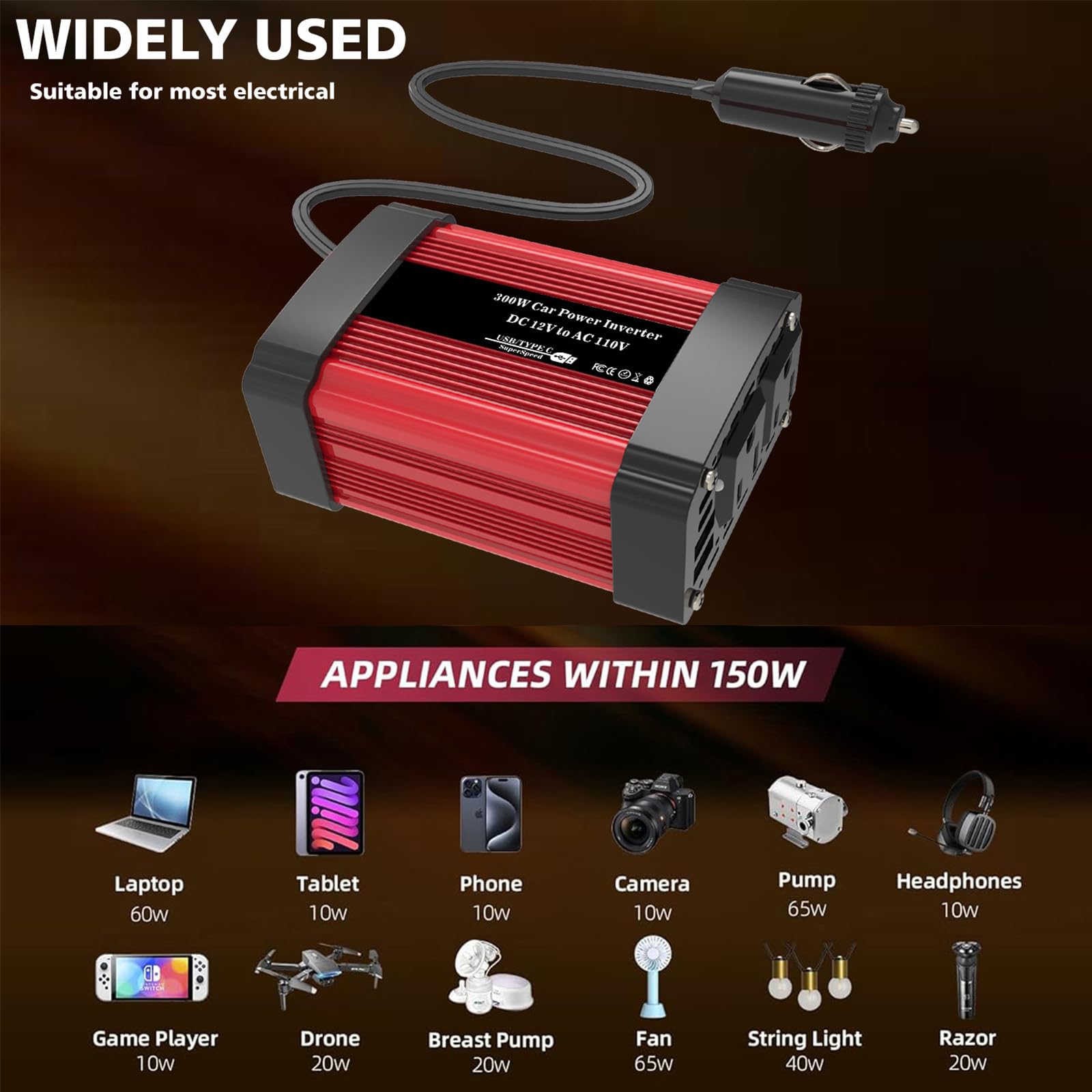 300W/600W 12V 220V Inverter Onda Pura con Doppia Porta USB Smart Type-C da 2,4 A per Camper Auto Convertitore di Potenza