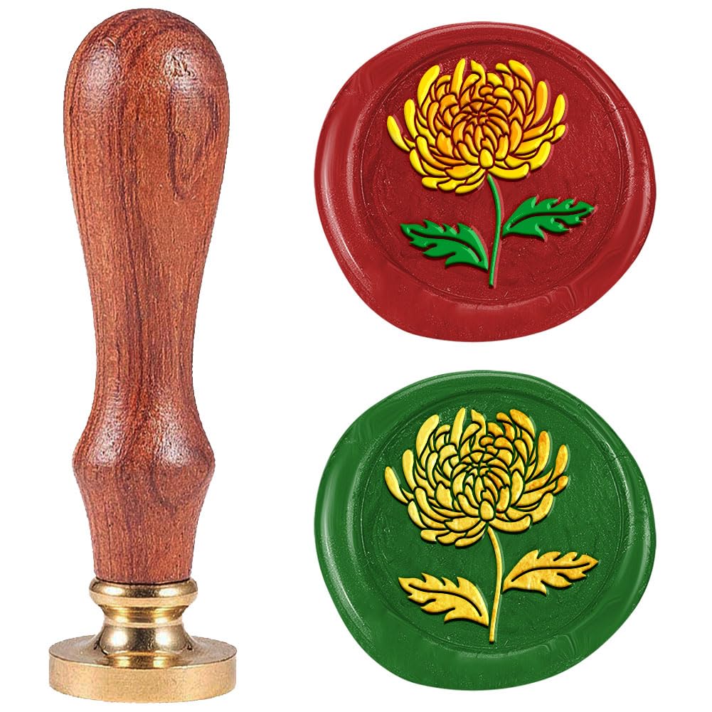 DELORIGIN Chrysanthemum Flower Wax Seal Plants Stamp Embossed Stamp Sealing Removable 1" Brass Wax Seal Stamp Head with Wooden Handle Sealing Wax for Birthdays Invitations Greeting Card Envelopes