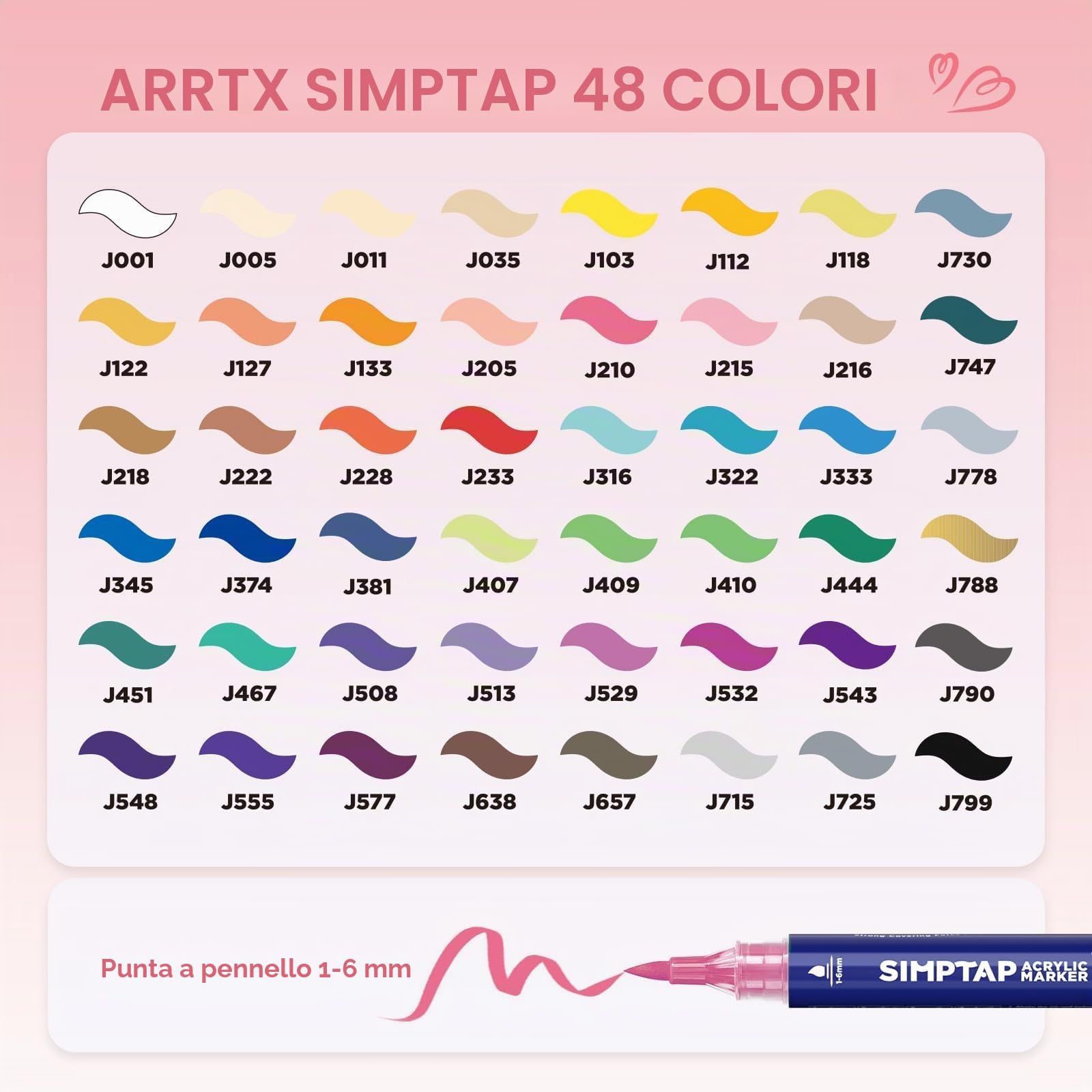 Arrtx Pennarello acrilico, serie Simptap, forte opacità, punta a pennello per pittura rock, fai da te, confezione da 48