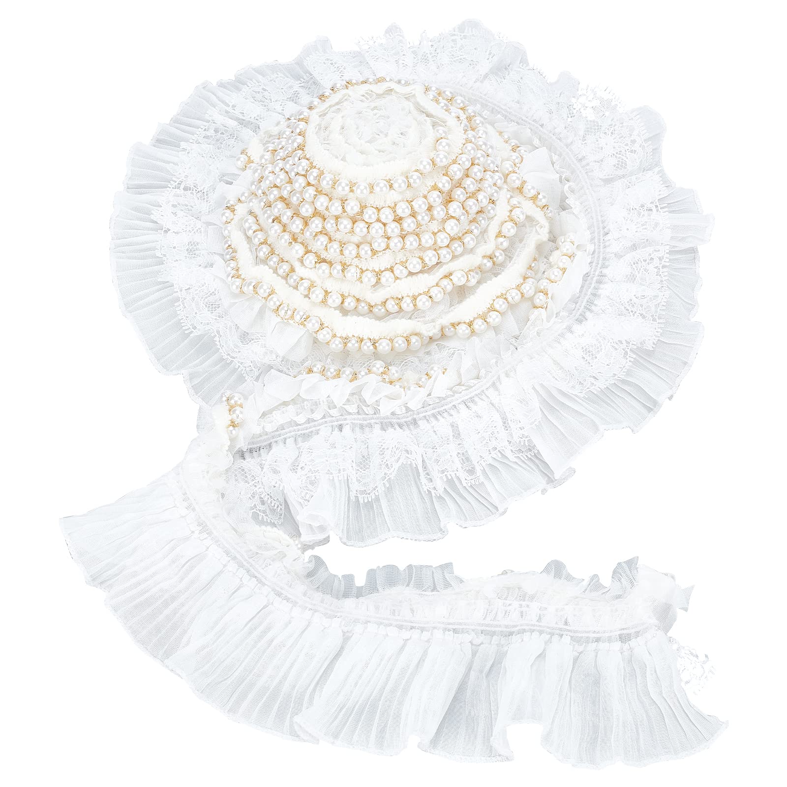 NBEADS 3 Yards Pearl Beaded Ruffle Elastic Trim, 3-Layer Pleated Lace Edge Trim Polyester Lace Ribbon for Bridal Wedding Decorations DIY Crafts