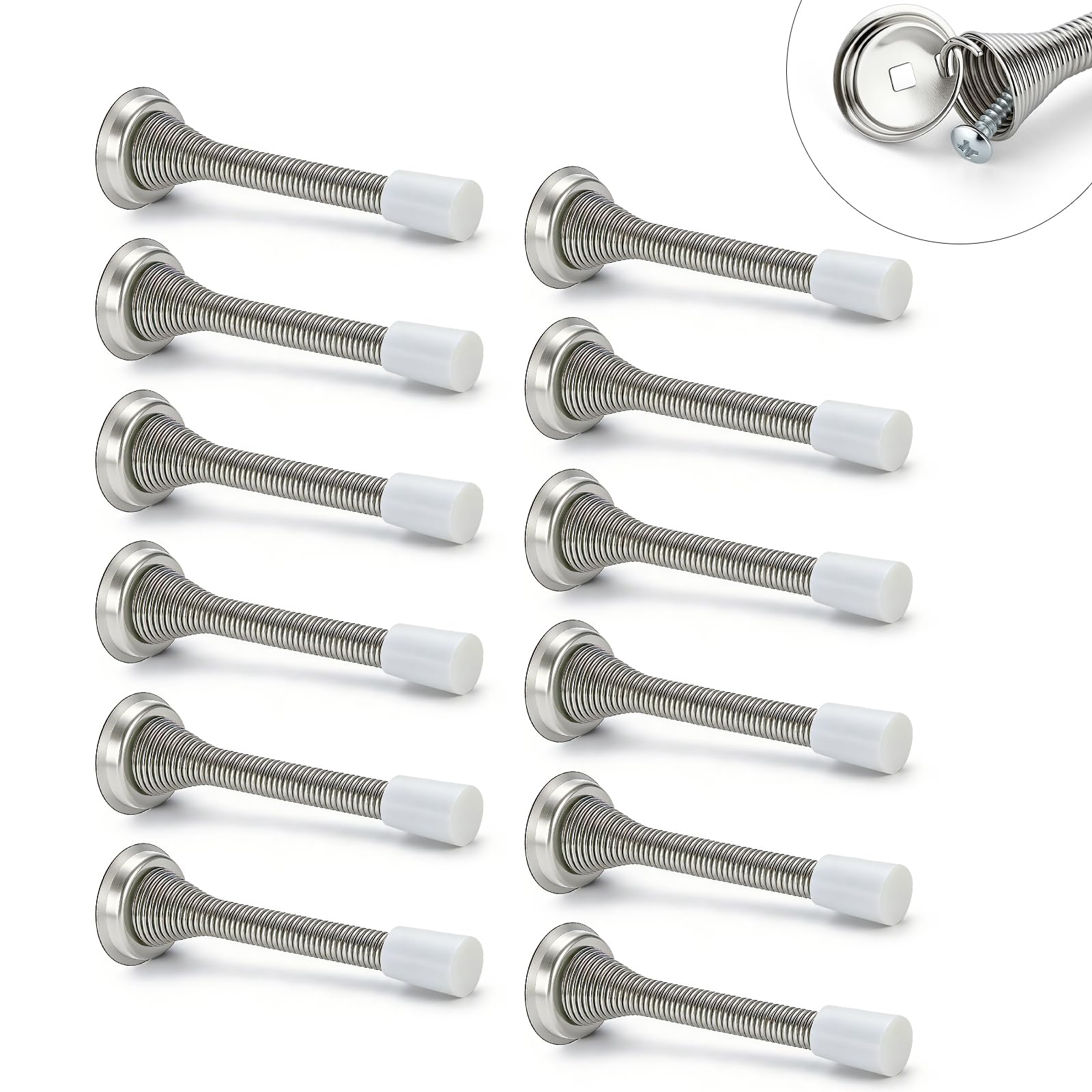 12 Pack, Satin Nickel Wall Mounted Door Stop – Stainless Steel Door Stopper for Skirtings & Walls, Protective Door Stops for Home & Office