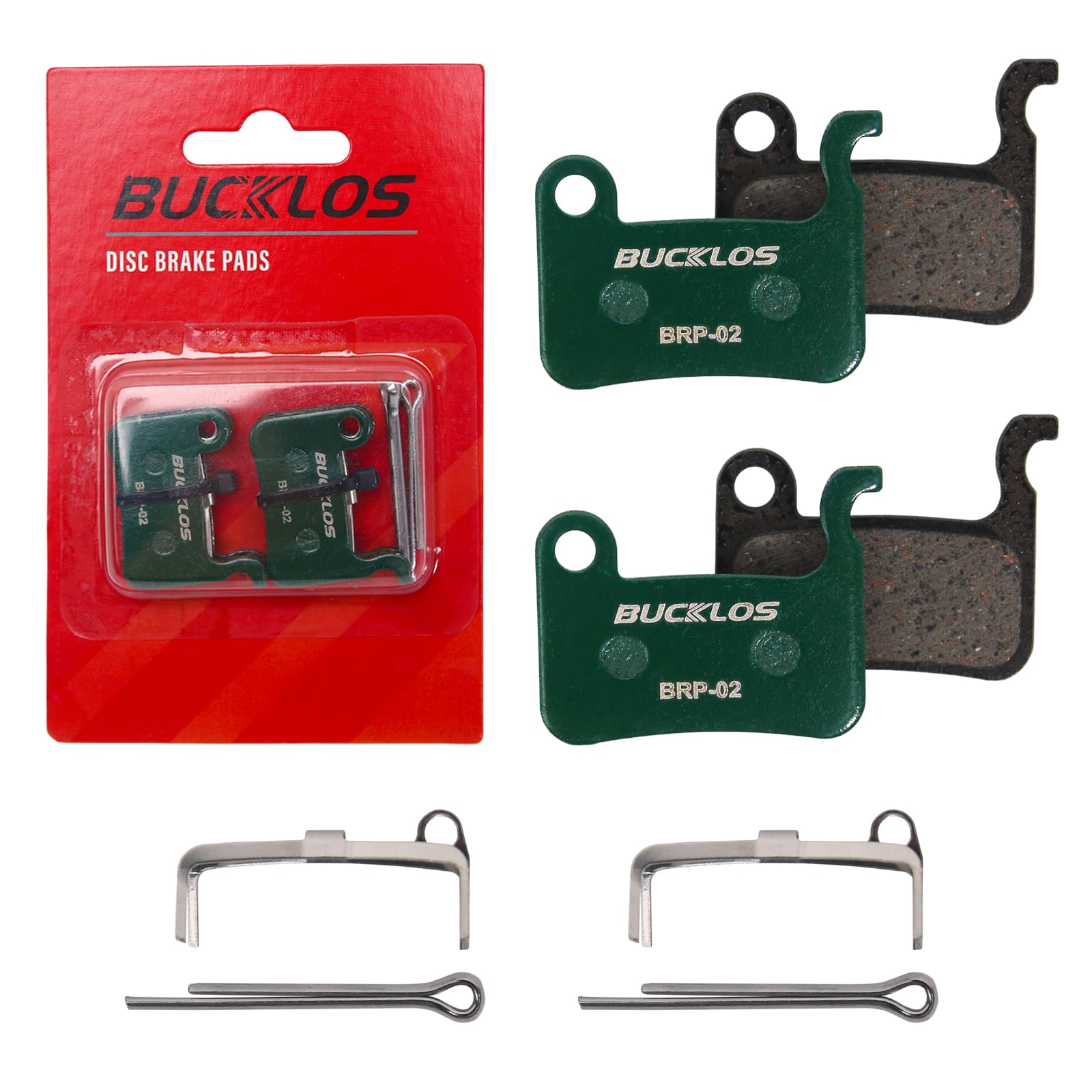 BUCKLOS Ceramic Bike Disc Brake Pads in packaging with two pads and pins.