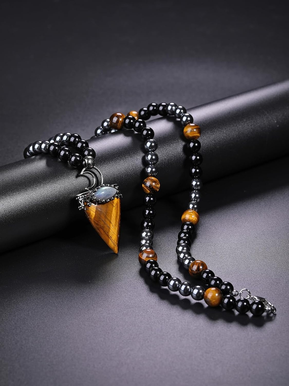 Jovivi Mens Stone Beaded Necklace Natural Tiger Eye Obsidian Hematite Healing Crystal Necklace Triangle Pendulum Pendant Crystal w/Moon