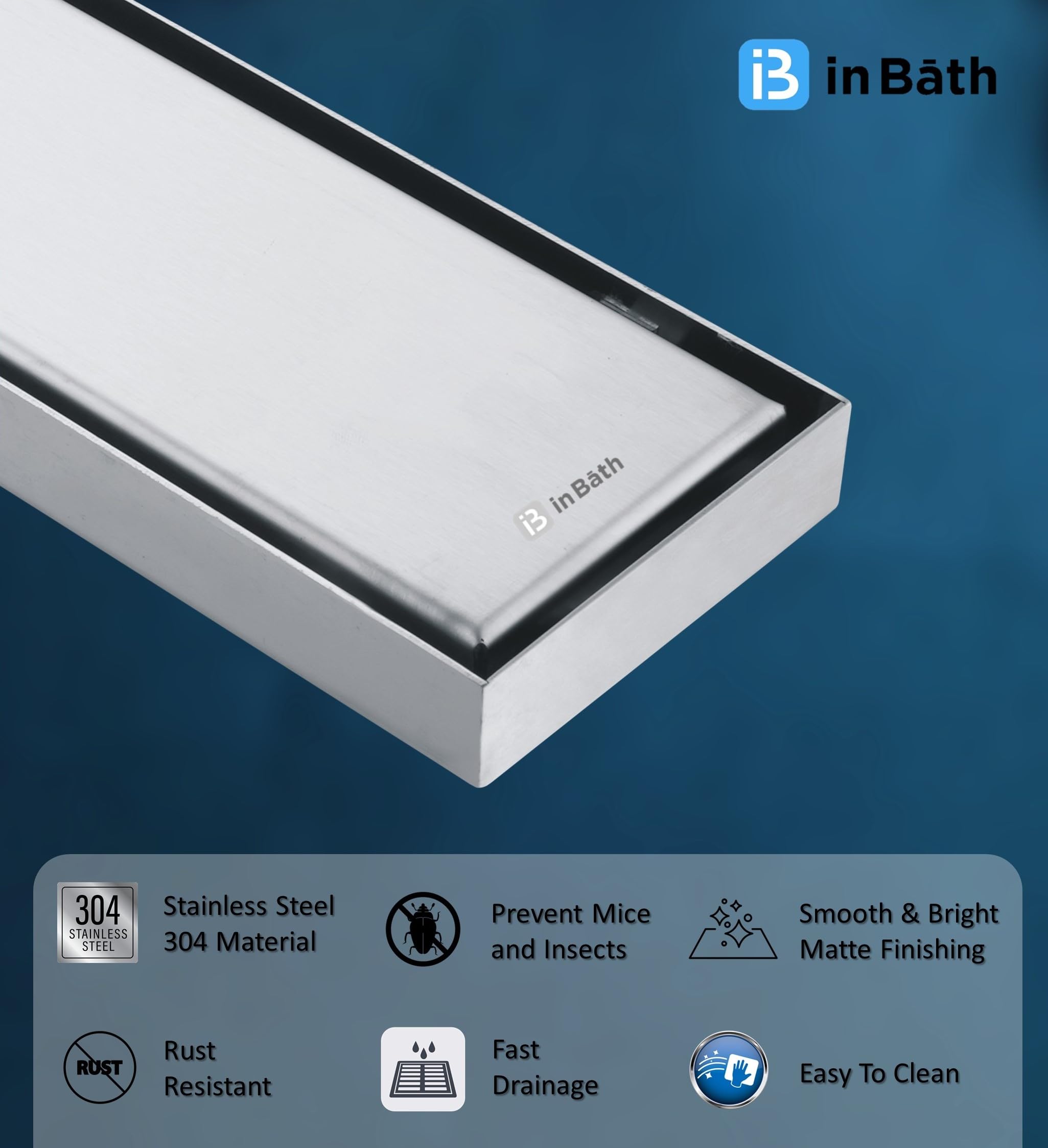 InBath Tile Insert Drain 18”x4” Stainless Steel 304 Grade Bathroom Floor Water Drainer | Tile/Marble Insert Without Collar | Centre Hole Design — Amazon image 2
