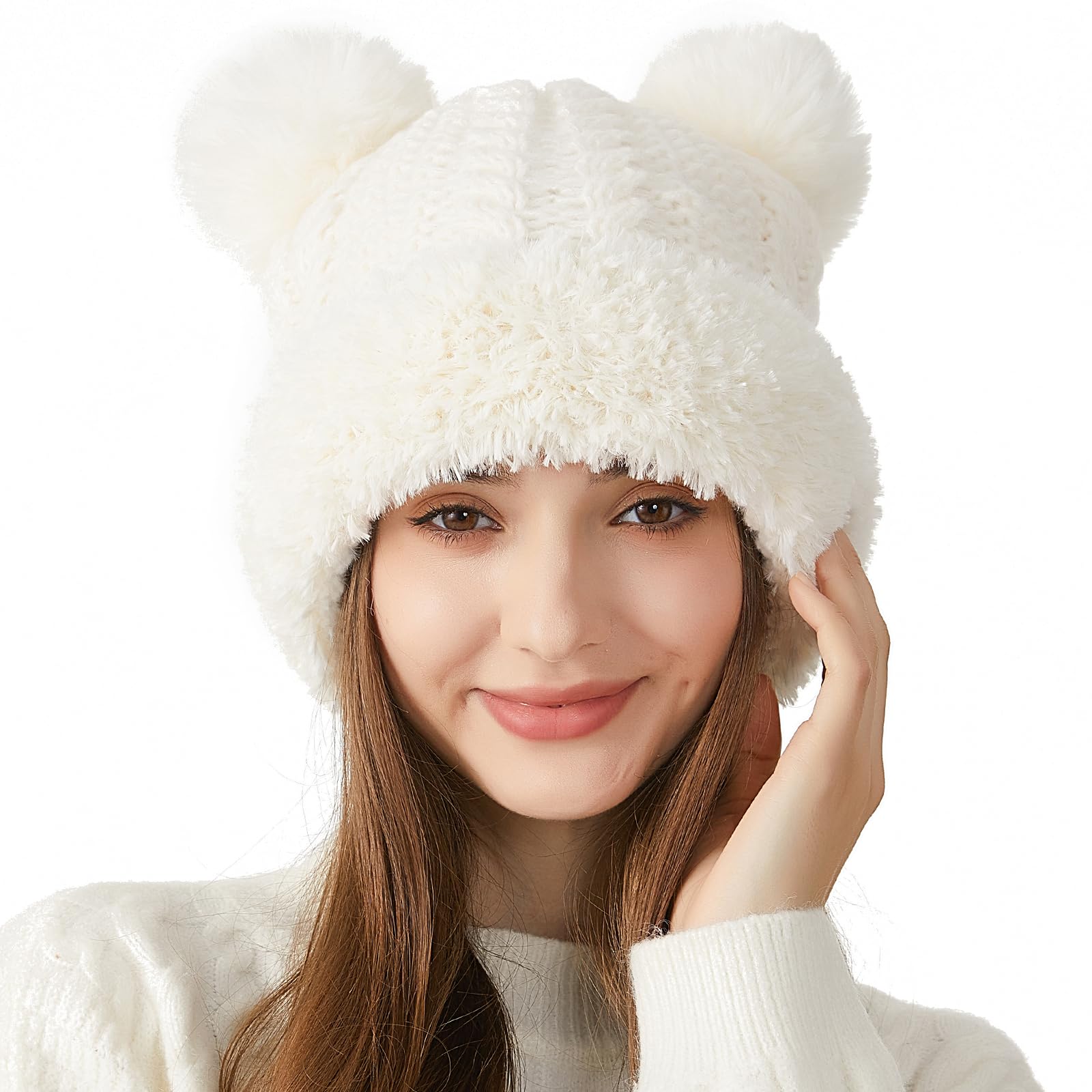 Peicees Knitted Beanie with Fur Pompom for Women Chunky Winter Beanie Hat Warm Fleece Lined Skull Cap Cute White
