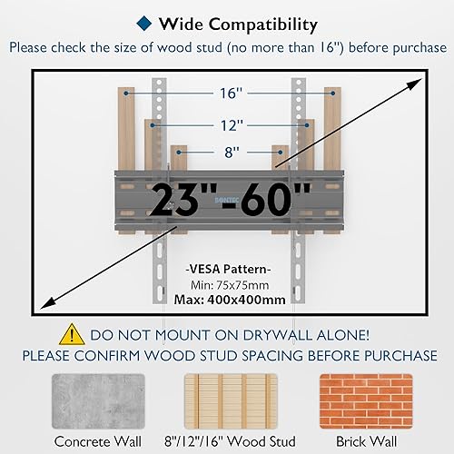 Miniatura 2 de BONTEC Soporte de pared inclinable para televisores de 23 a 60 pulgadas, diseño de perfil bajo, VESA máximo de 15.748 x 15.748 in, soporta hasta 115