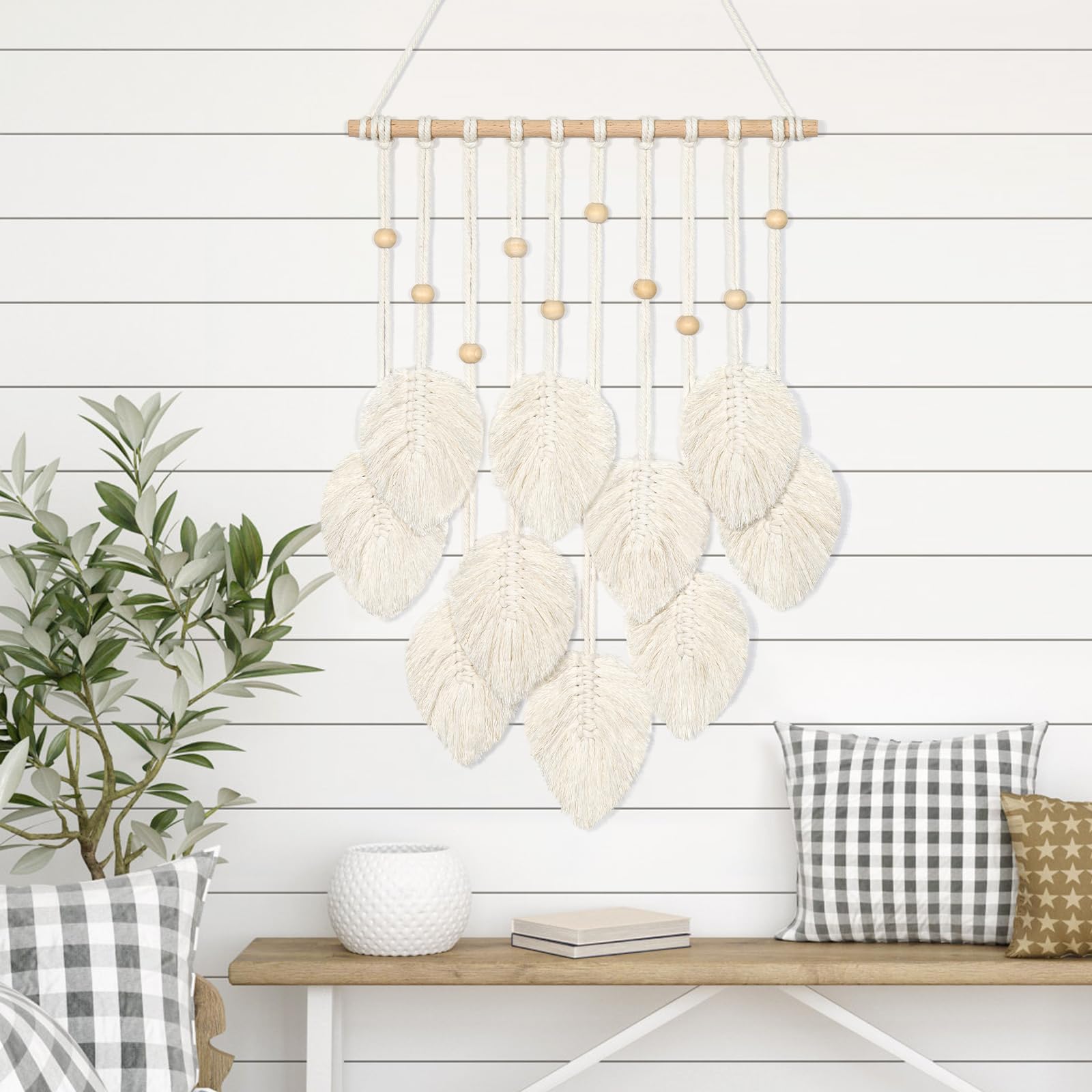 UXORSN Macrame Wall Hanging Beige Leaf Tassel Tapestry Boho Chic Wall Decor Handmade Woven Cotton Rope Tapestry Aesthetic Bohemian Wall Art for Bedroom Living Room Office Apartment Ornament - Image 2