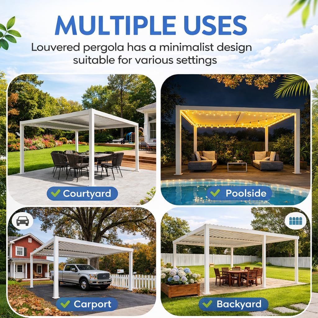 Kozyard Outdoor Louvered Pergola 12' x 16' Pergola Sun Shade All-Weather Aluminum Packing Shelter with Drainage System Adjustable Roof Waterproof for Poolside Balcony Patio Garden Yard White