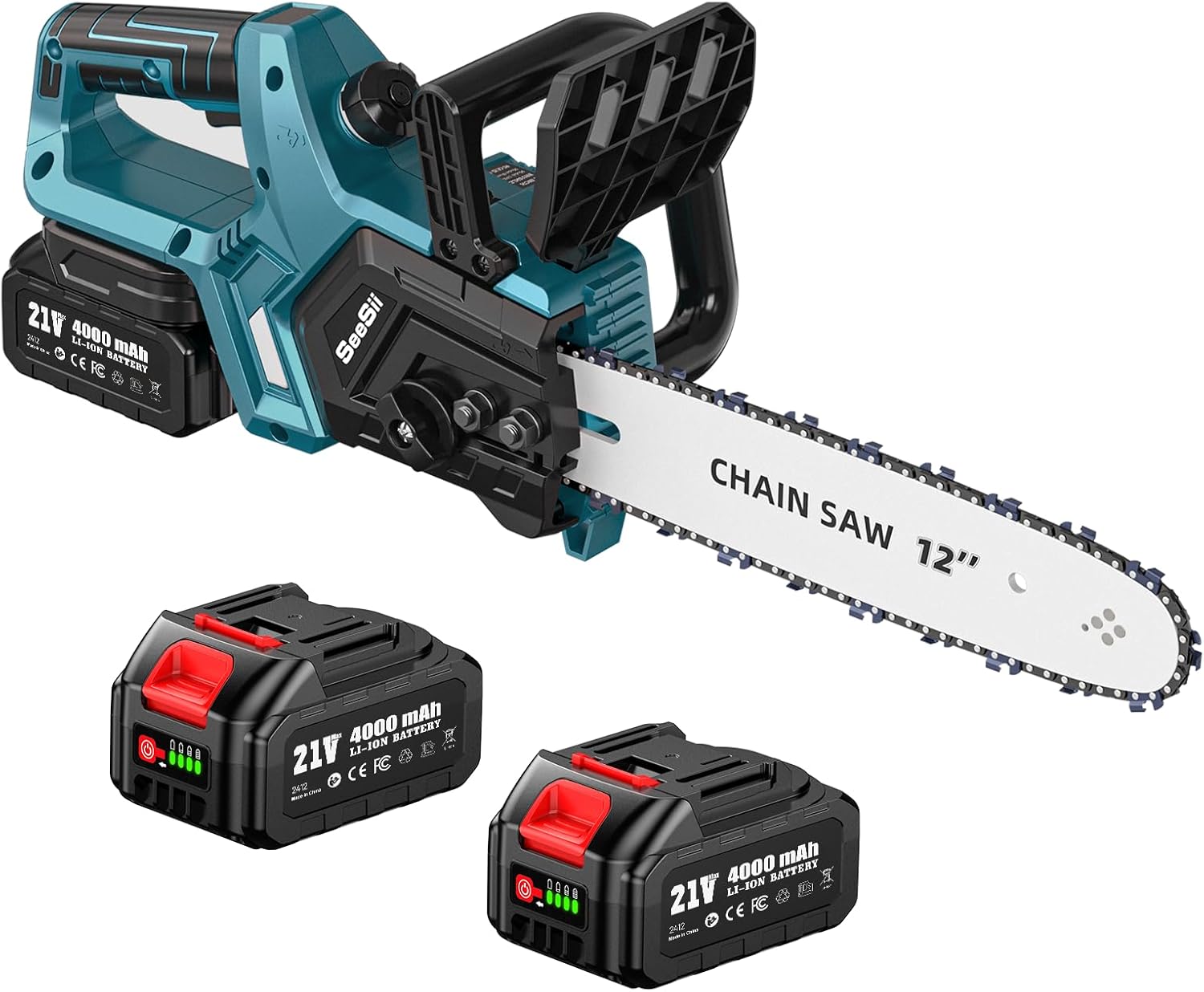Size 12inch Color Blue  Electric Chainsaw Cordless 12-inch, Handheld Chain Saws with 2 x 4.0Ah Batteries, Tree Saw with Tool-free Chain Tension, Auto Oiling for Wood Cutting Trimming Branch