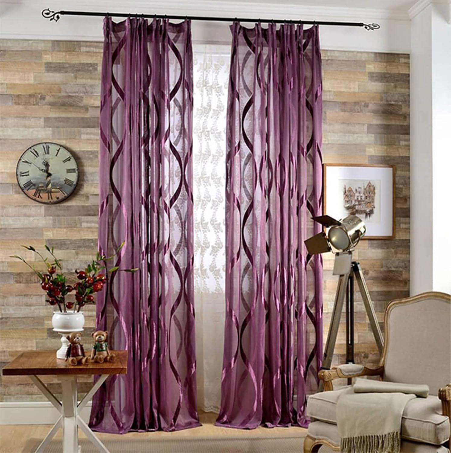 Curtains for Bedroom Sheer, Polyester Sheer Curtain with Knitted Infinity Symbol Pattern Semi Transparent, Brown-Hole, 52W x 84H inch