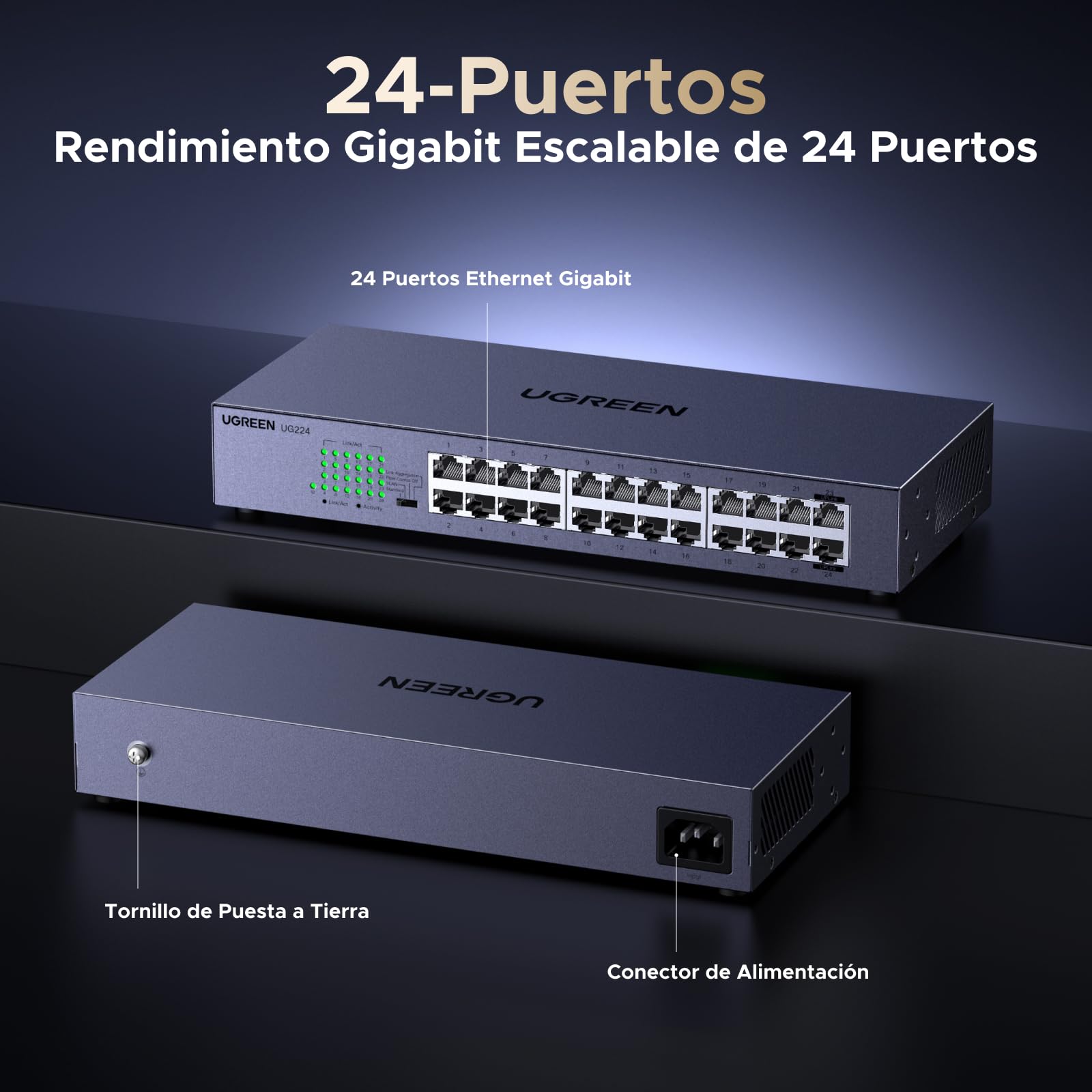 UGREEN Switch Ethernet Gigabit 24 Puertos Montaje en Sobremesa o Pared | Ethernet 1000Mbps Hub Red LAN Splitter para Oficina y Hogar Multipuerto RJ45 Compatible con PC TV Impresora Cámara Router