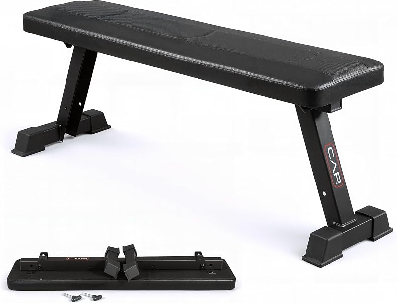 Banco de pesas plano plegable con barra | Banco de entrenamiento plegable con estructura de acero, acolchado grueso cosido en caja y capacidad de 600 lb | Banco compacto de entrenamiento de fuerza para gimnasio en casa