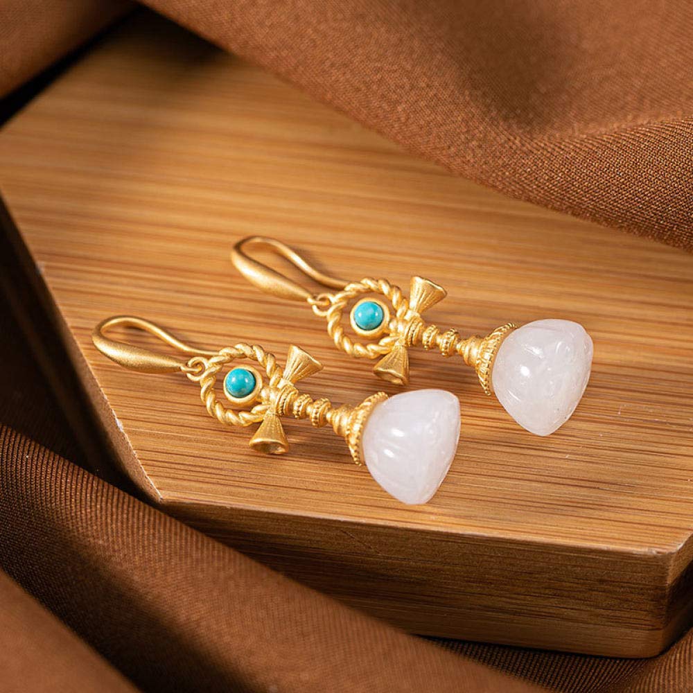 Vintage Largo Aretes De Plata Esterlina S925 Mujer Chapado En Oro Blanco Loto De Jade Encanto Estilo Chino Clásico Elegante Temperamento Temperamento De Gama Alta Regalo