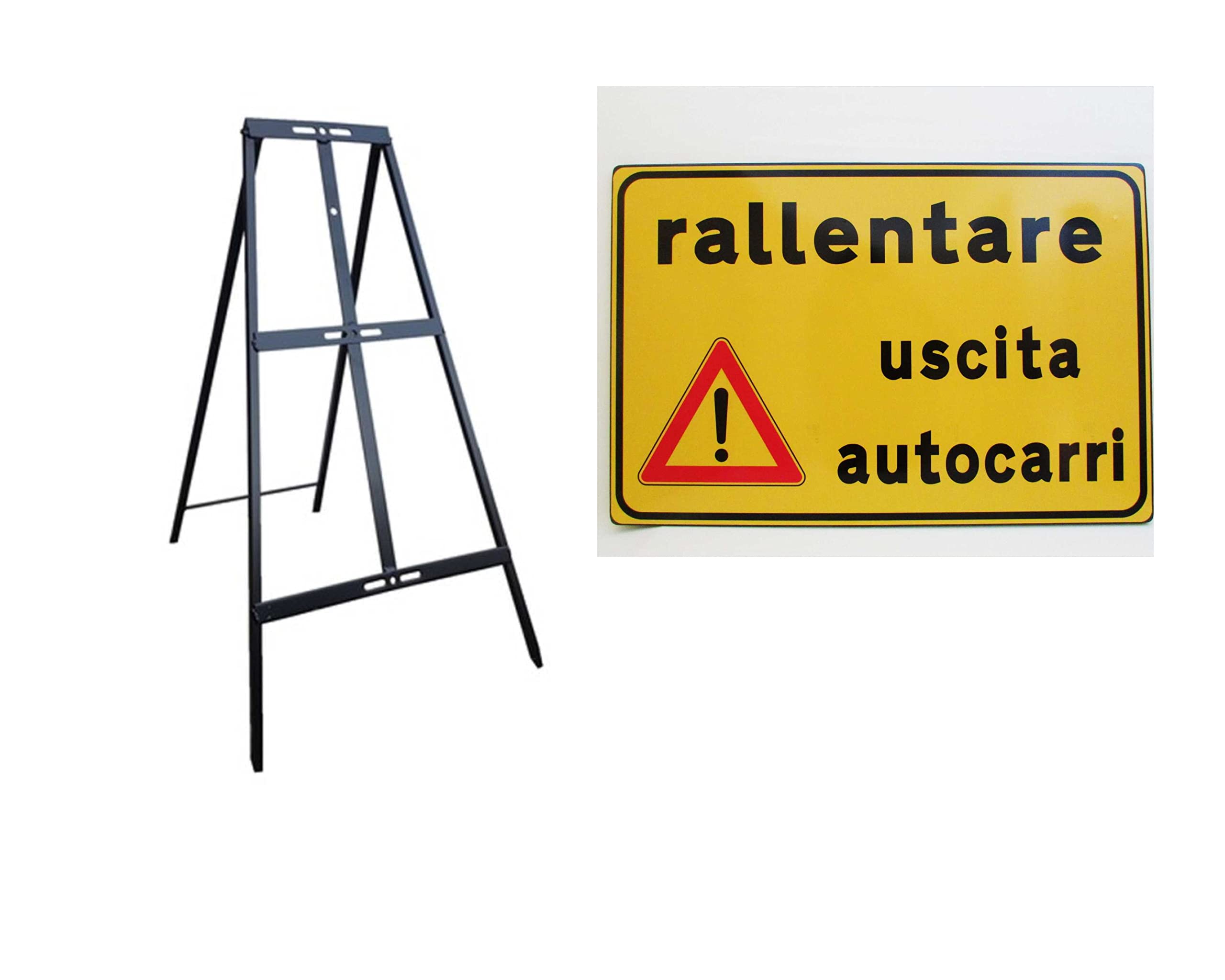CARTELLO IN LAMIERA SCATOLATA RETTANGOLO 60X40 cm - Rallentare, attenzione uscita autocarri - SEGNALE CATARIFRAGENTE CON CAVALLETTO (CARTELLO + CAVALLETTO)