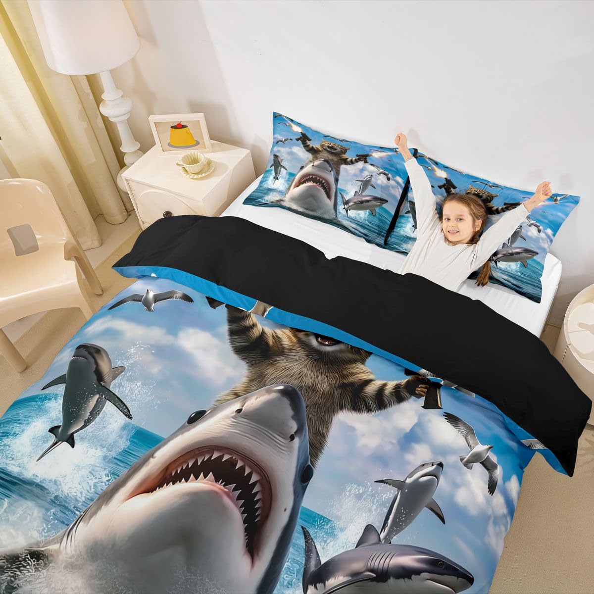 Homewish Szary Czarny Szop Podwójna Pościel Pod Morzem Rekin Zwierzęta Zestaw Poszwa Na Kołdrę Niebieski Ocean Fale Poszewka Na Kołdrę Zwierzęta Kawaii Śliczne Zestawy Łóżek