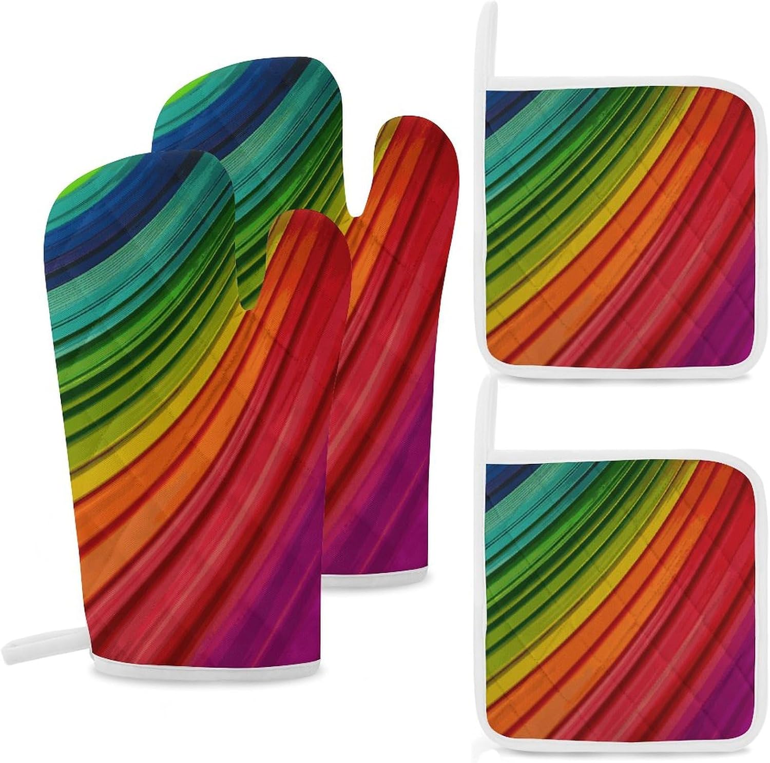 Oven Mitts Pot Holders Kitchen Rainbow Color Stripe Heat Resistant Oven Glove for Baking and Cooking