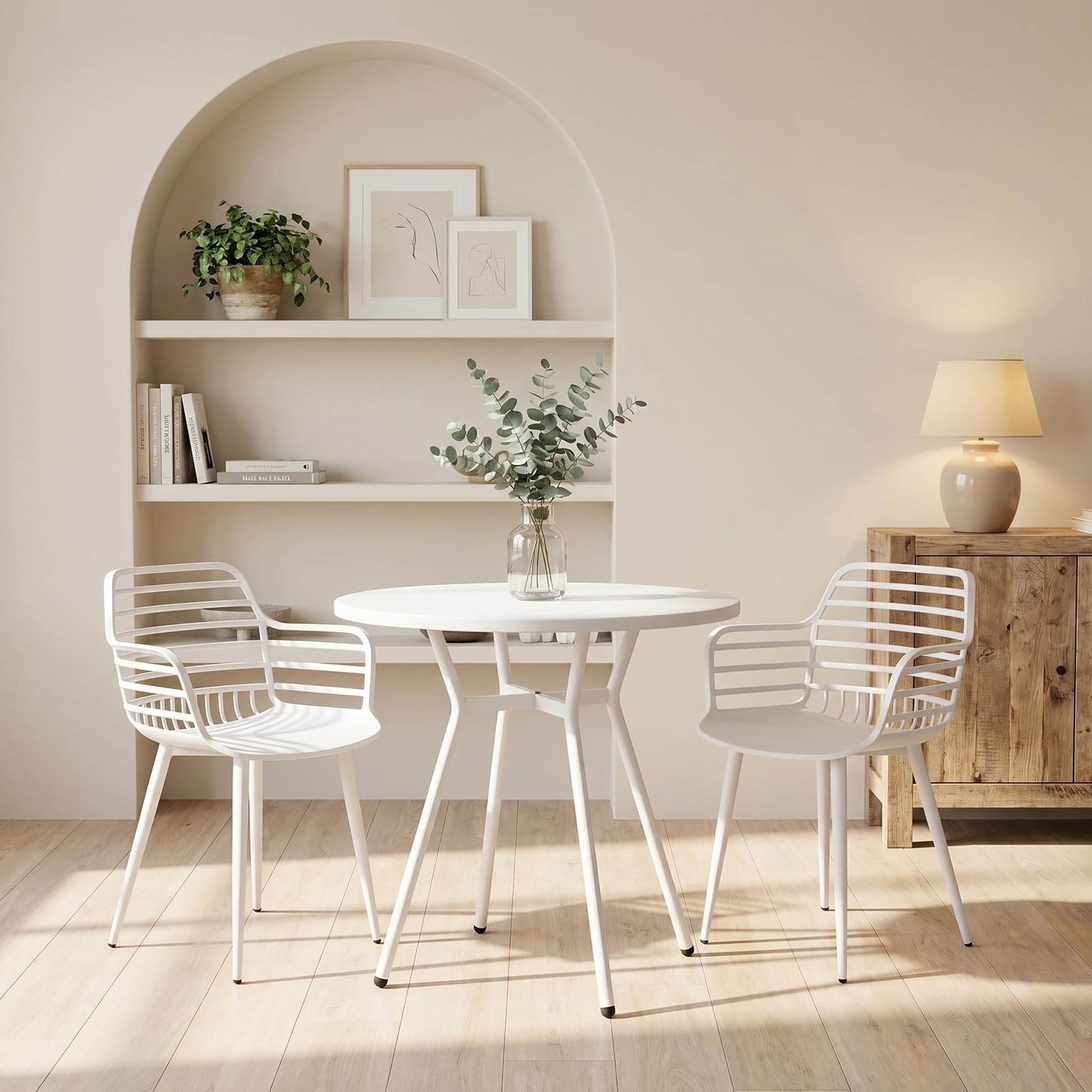 JIJIAN Essgruppe, Runder Weiß Esstisch mit 2 Weiß Armlehnenstühle, Durchmesser 80 cm, für Wohnzimmer, Café, Terrasse, Garten, Empfangsraum