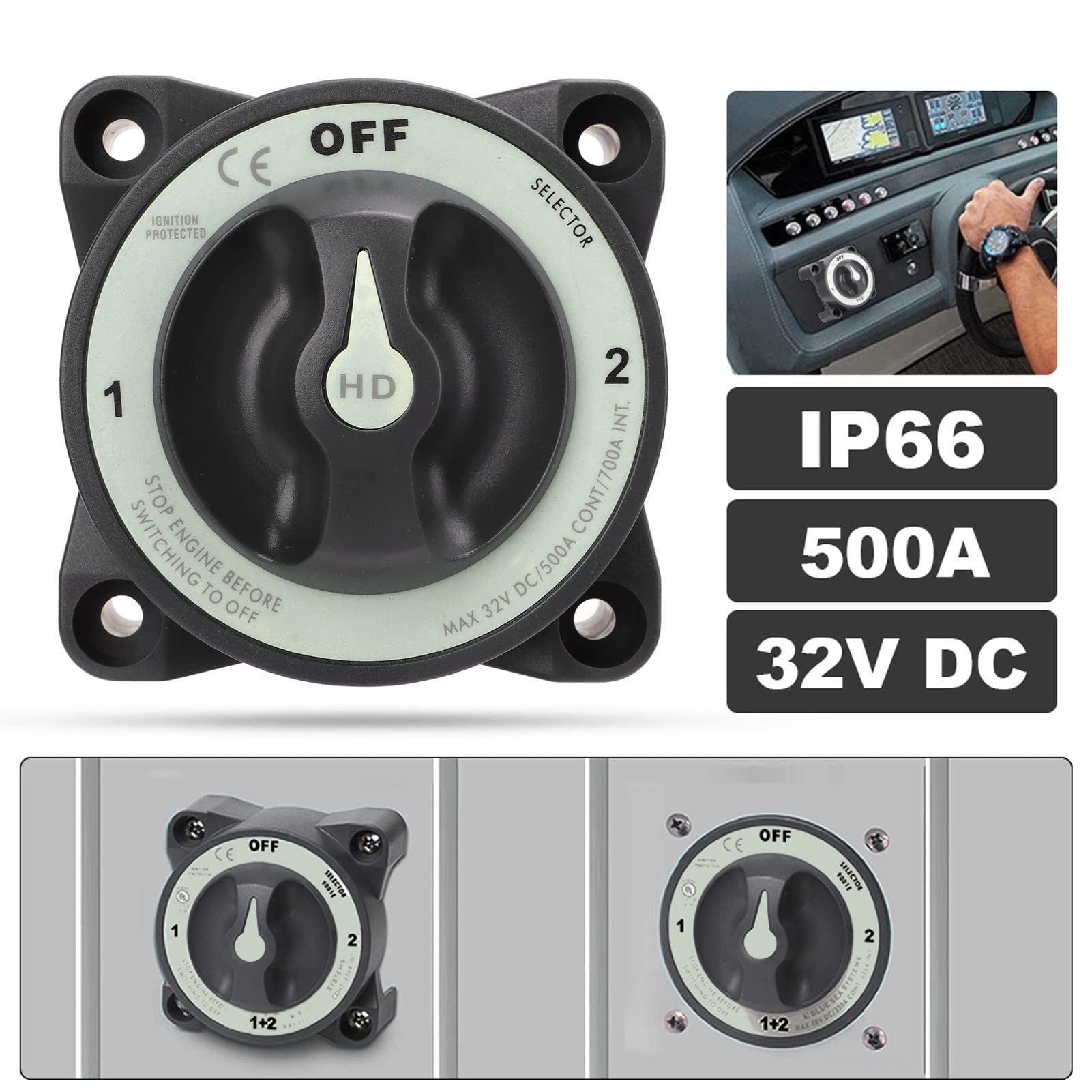 Battery Kill Switch 3 Position IP66 Waterproof Battery Master Switch for Marine Boat, Copper Material