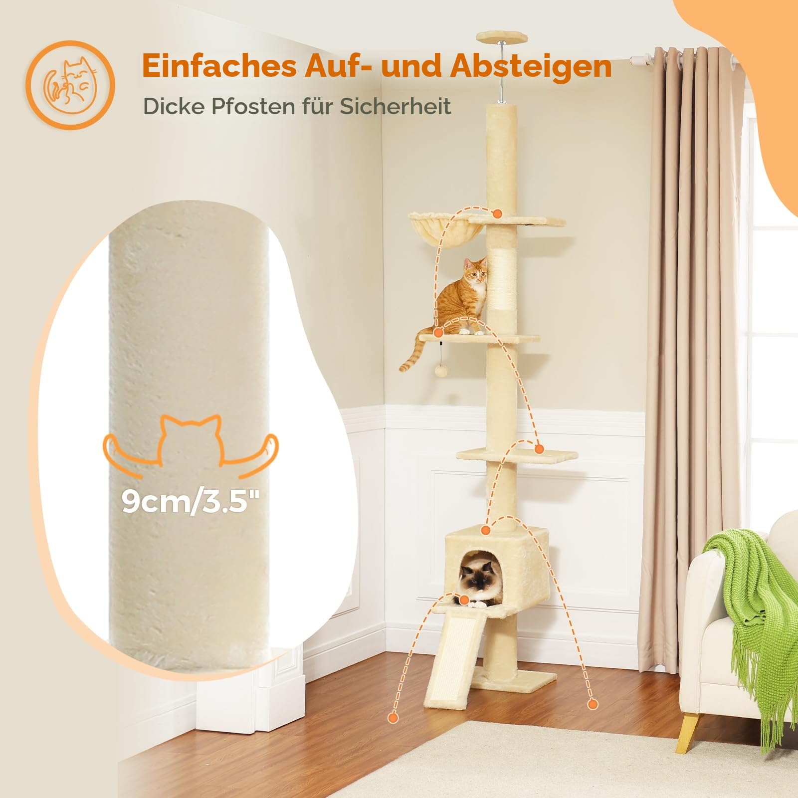 PAWZ Road Kratzbaum deckenhoch, Katzenbaum vom Boden bis zur Decke verstellbar, höhenverstellbar (216-273cm), Katzenturm mit Hängematte und Katzenhöhle, Anti-Sturzgurt Beige