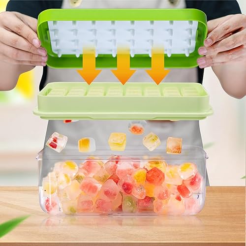 Miniatura 3 de Bandeja para cubitos de hielo con tapa y contenedor, 64 moldes para cubitos de hielo, bandejas de hielo para congelador, molde de bandeja para