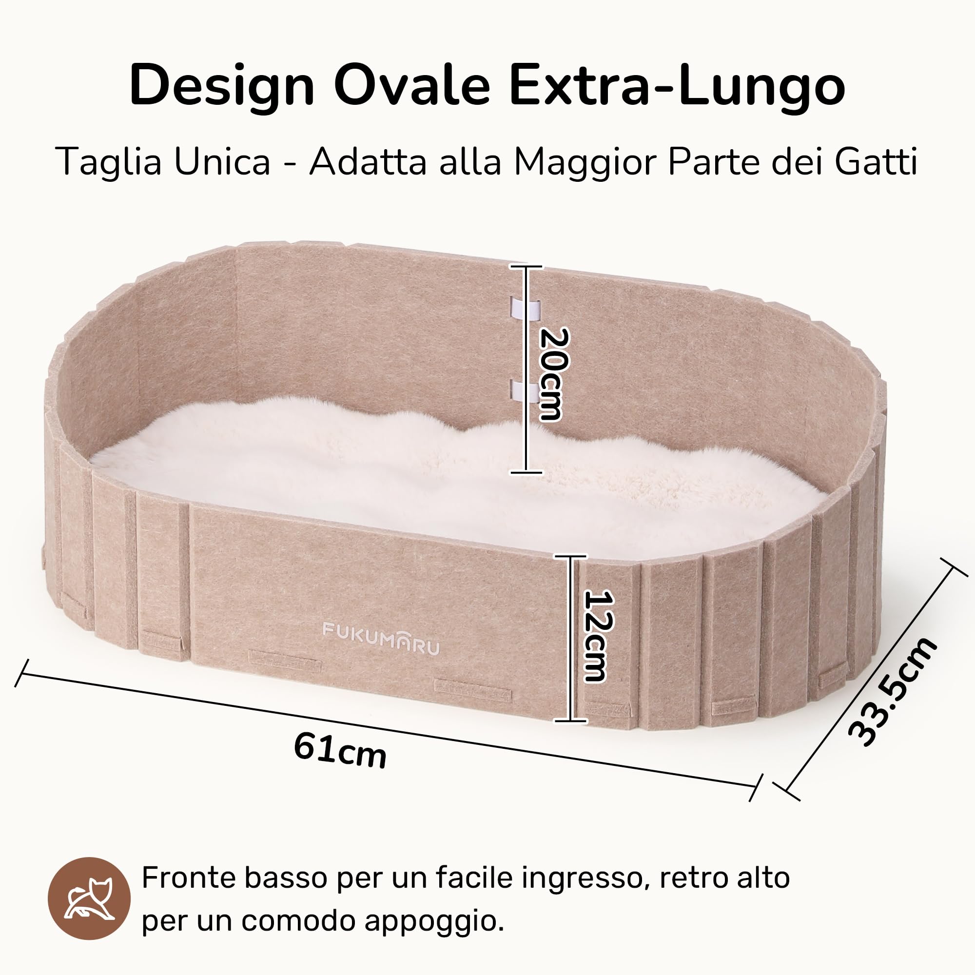 FUKUMARU Cuccia per Gatti Interno- Letto Extra Large 60 cm con Cuscino in Peluche Finto Coniglio, Divano/Casa Ovale in Feltro per Gatti Domestici. Sabbia