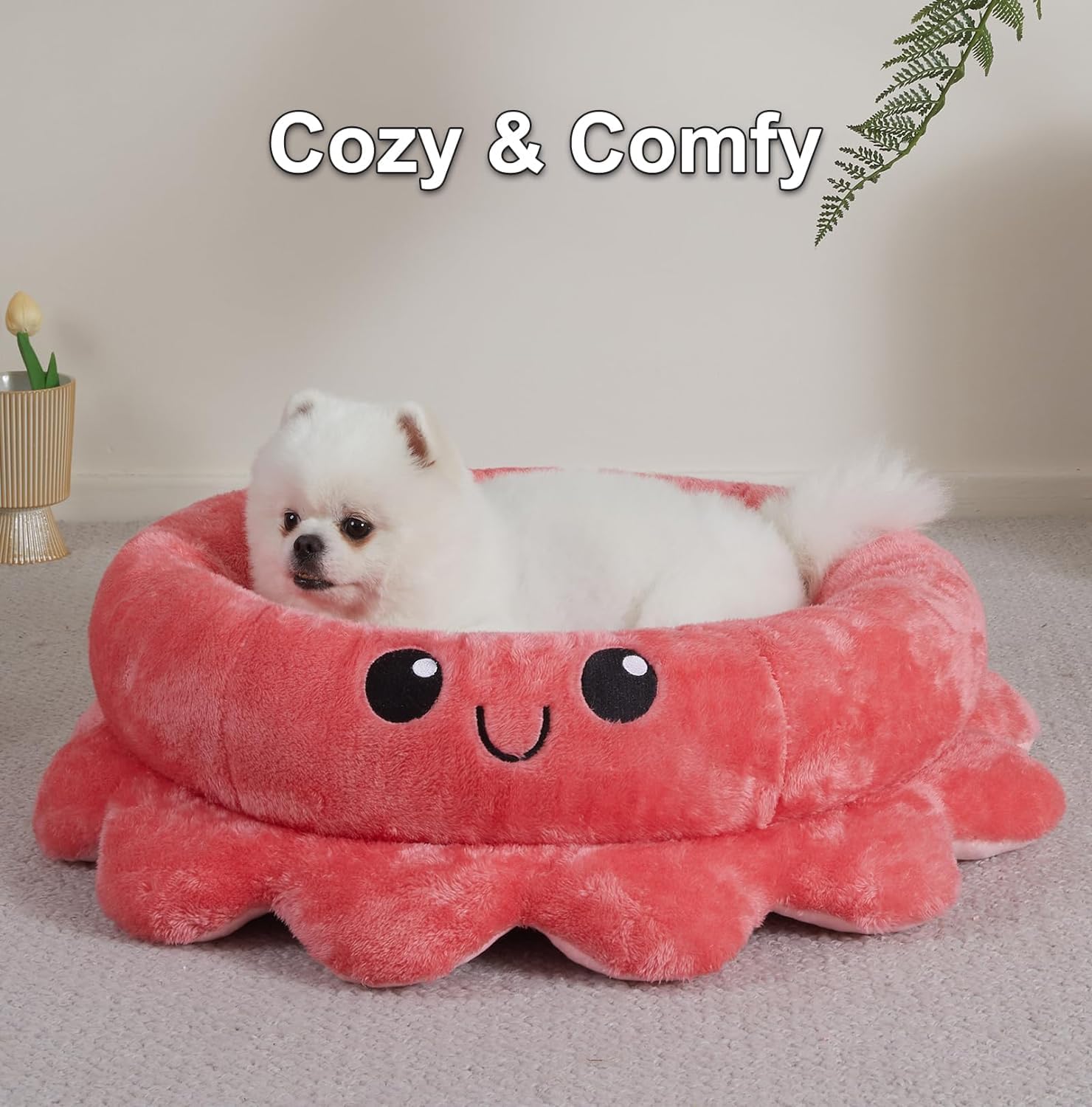 Jiupety Cute Calming Dog Beds Clearance for Medium Small Dogs, Anxiety Bolster Dog Bed with Octopus Shape, Pink, Red, Boho, Round Pet Bed Cat with Removable Cushion