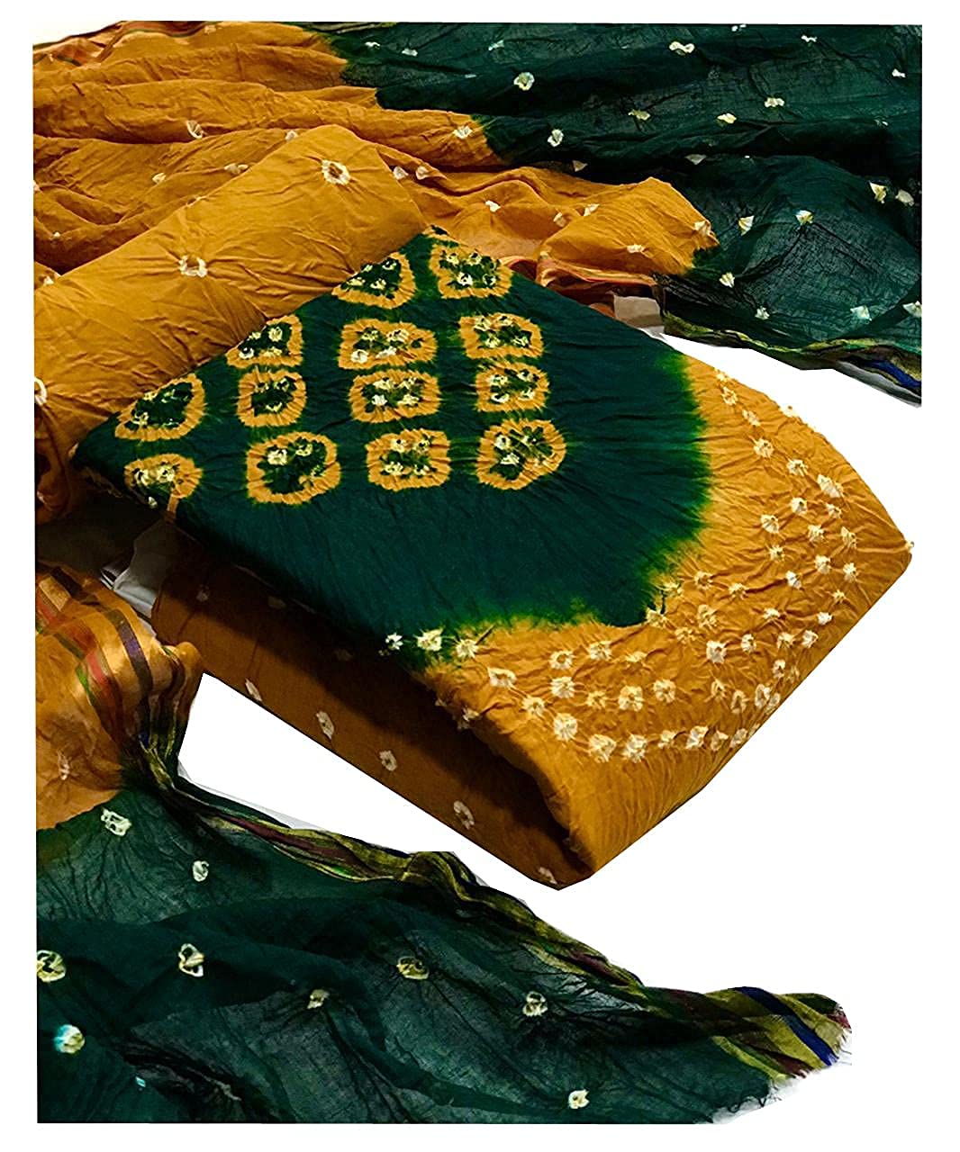Womens pure cotton rajasthani bandhani unstiched dress material salwar suit set with dupatta (dark green)