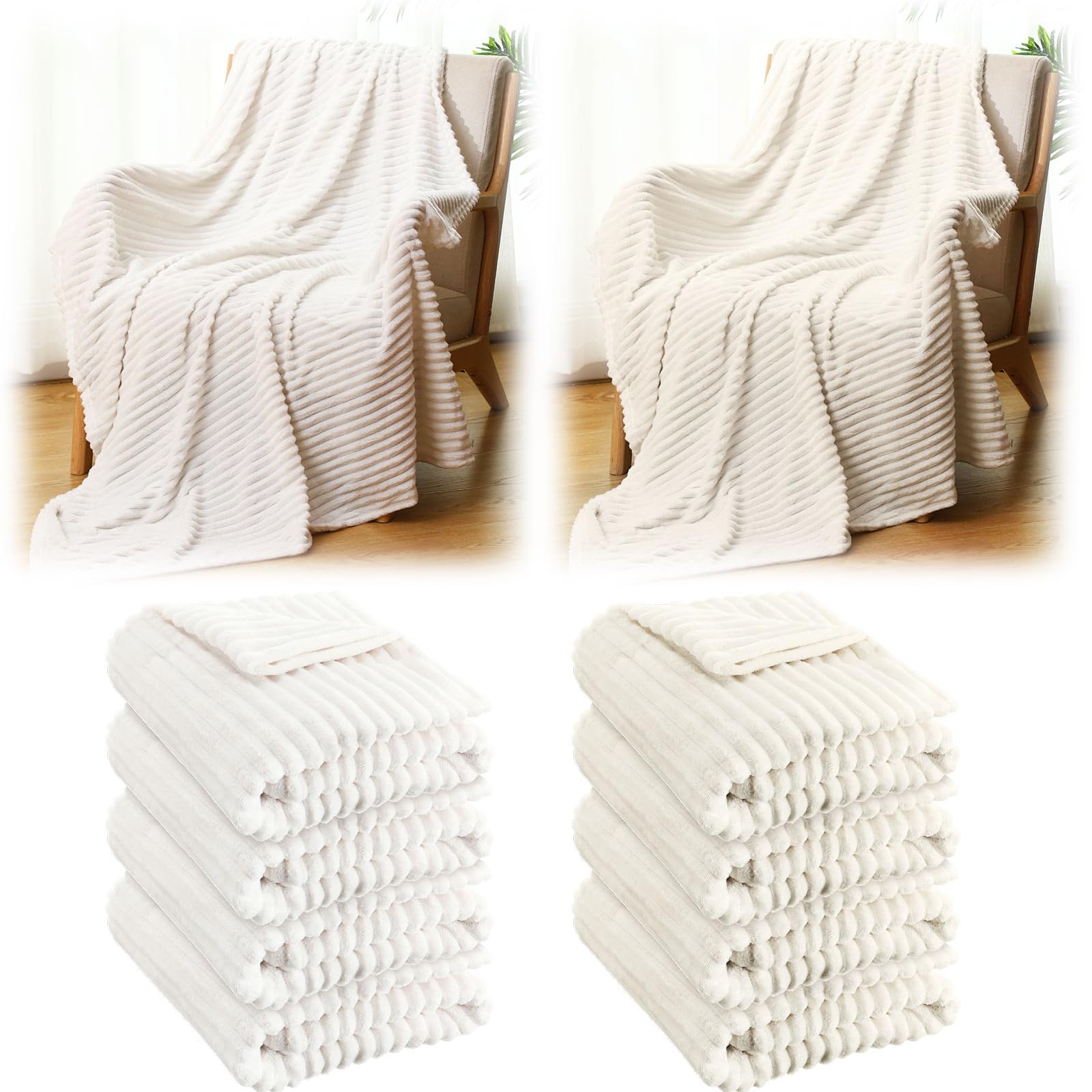 Buryeah 10 Pack 50 x 60 Inches Fleece Throw Blanket Soft Cute Warm Plush Flannel Fluffy Blankets for Sofa Couch Bed Seasons Christmas Employee Appreciation Gifts Bulk (White,Beige)