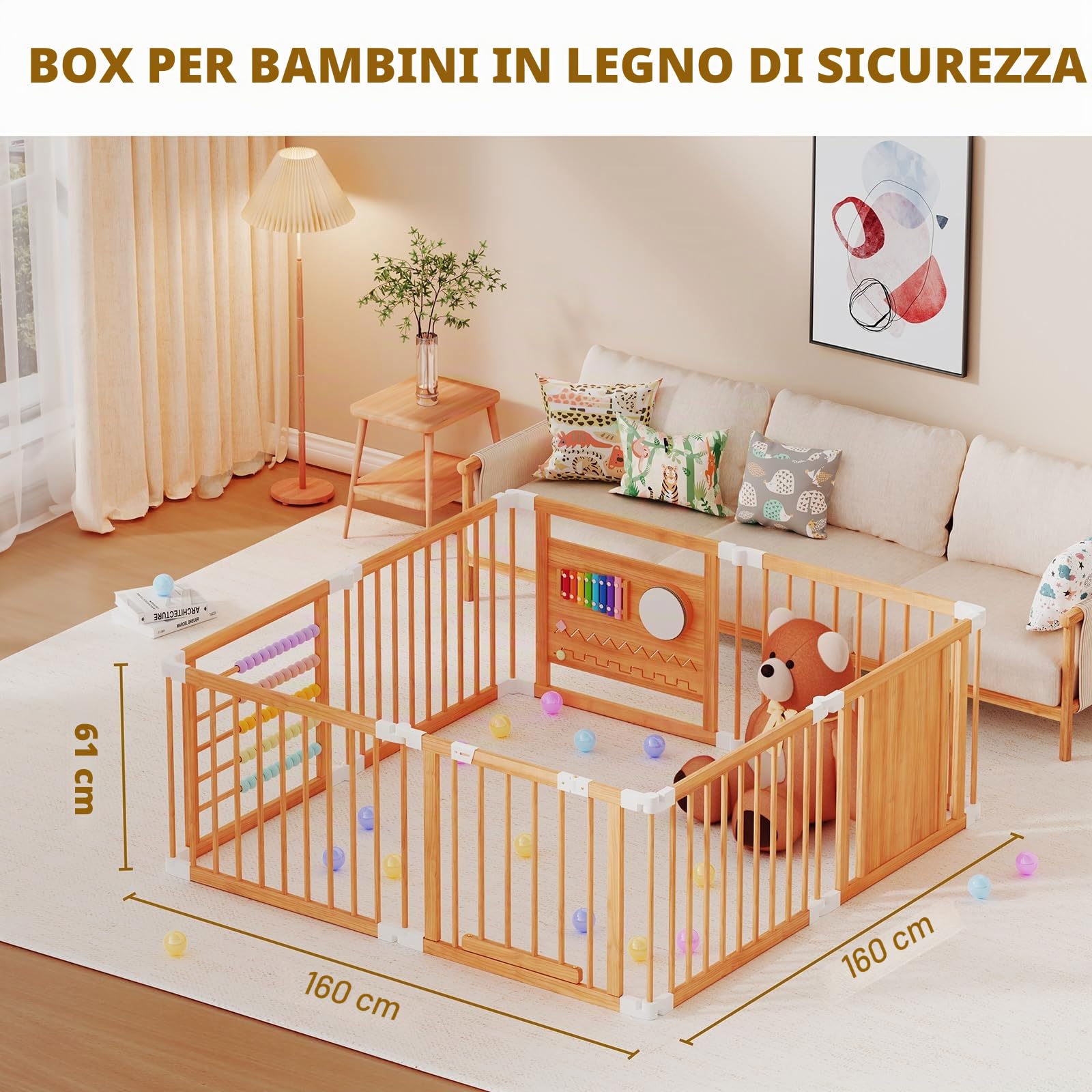Box per bambini in legno, pieghevole, espandibile, regolabile, box per bambini piccoli, portatile, facile da montare, recinto in legno, area giochi in legno, box per bambini 177,8 x 177,8 x 61 cm