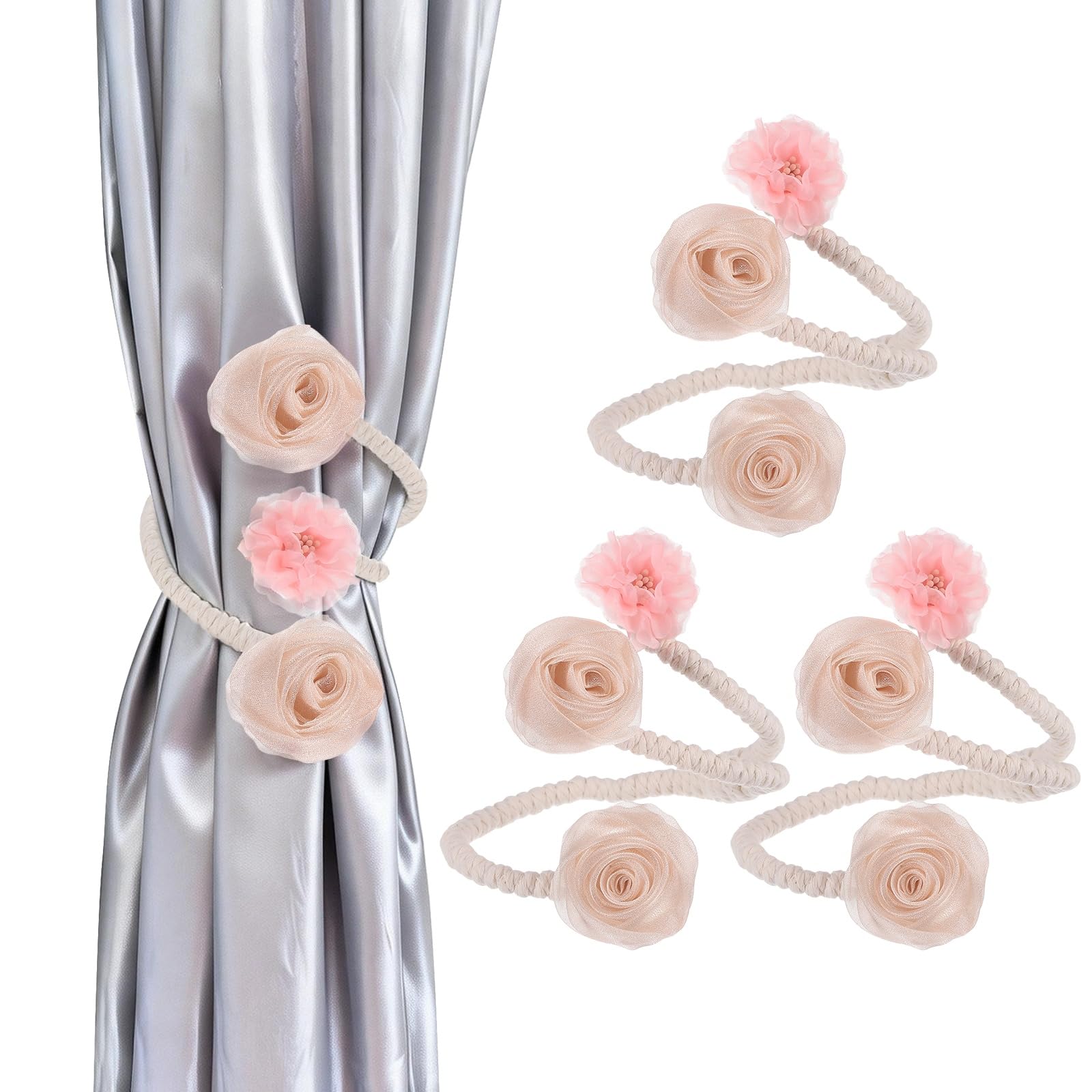 PATIKIL Curtain Holdbacks 4Pcs Artificial Flower Curtains Holder, Twist Tieback Window Drapery Bohemia Decorative Rope for Living Room Bedrooms Homes Offices, Pink