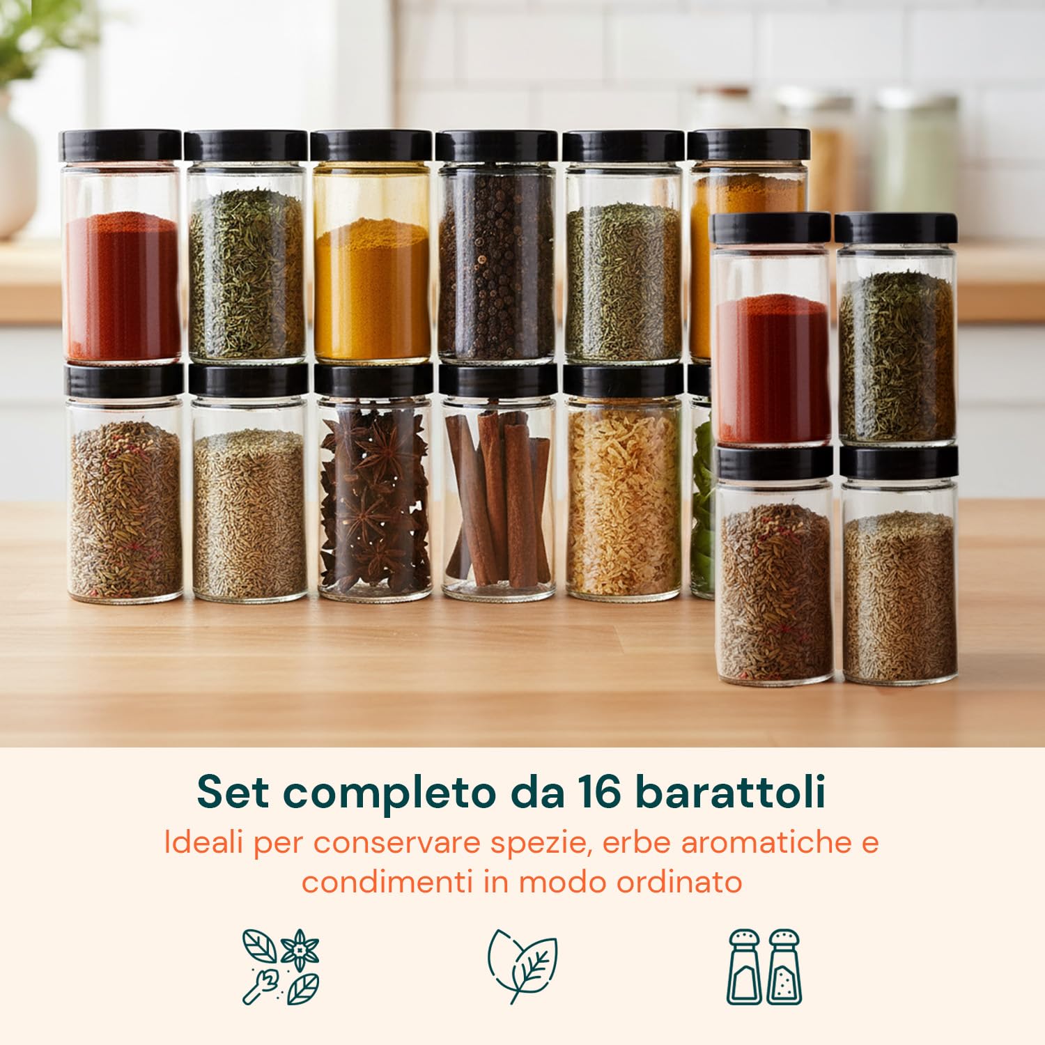 Avilia Portaspezie Girevole 360° con 16 Barattoli in Alluminio – Porta Spezie Salvaspazio Alzatina Cucina Rotante a 2 Livelli con 32 Etichette e Penna – Organizer Dispensa Cucina