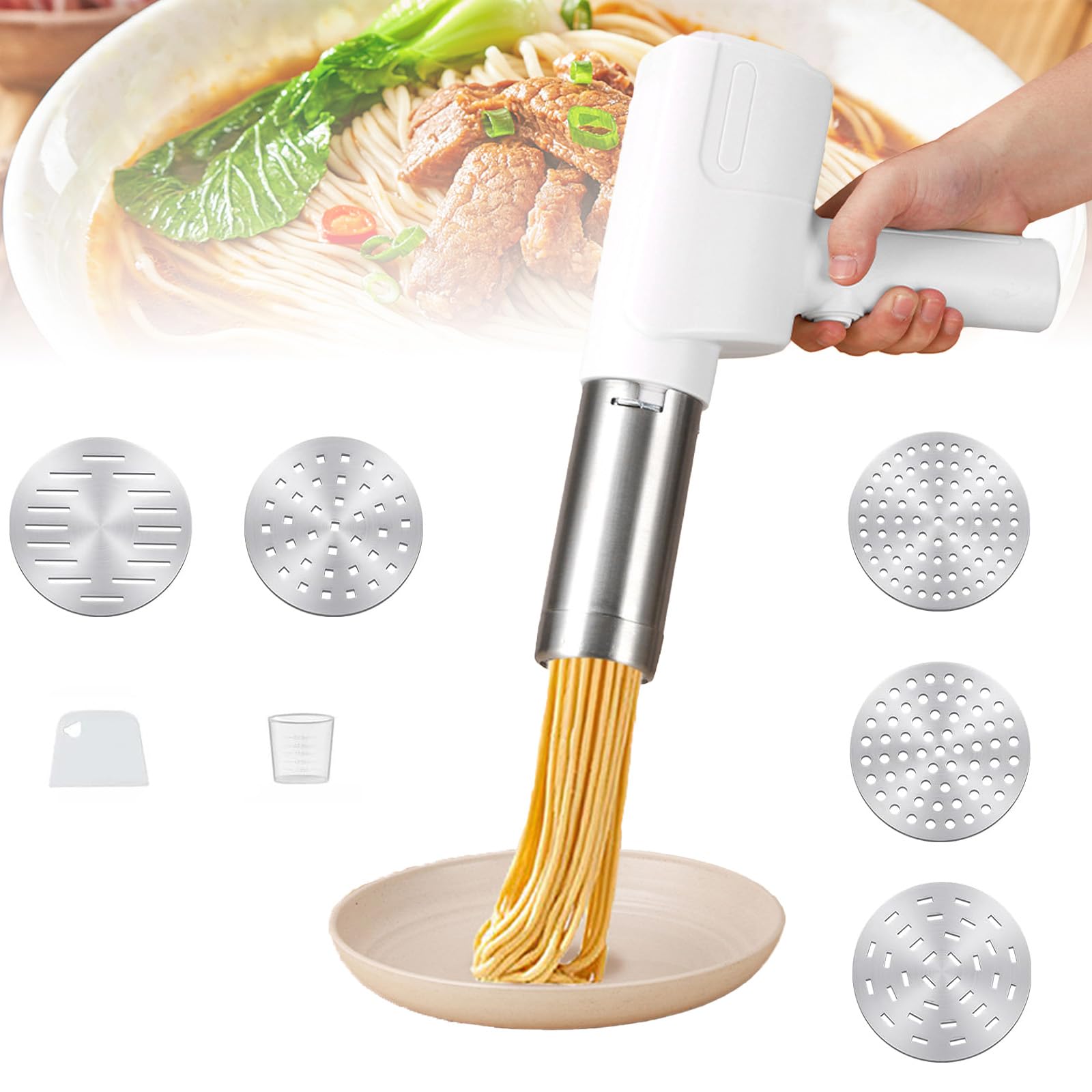 Máquina de pasta eléctrica portátil, 40 W, máquina de pasta eléctrica de mano, con 5 formas de pasta, recargable, máquina de pasta de acero inoxidable para espaguetis, fettuccine