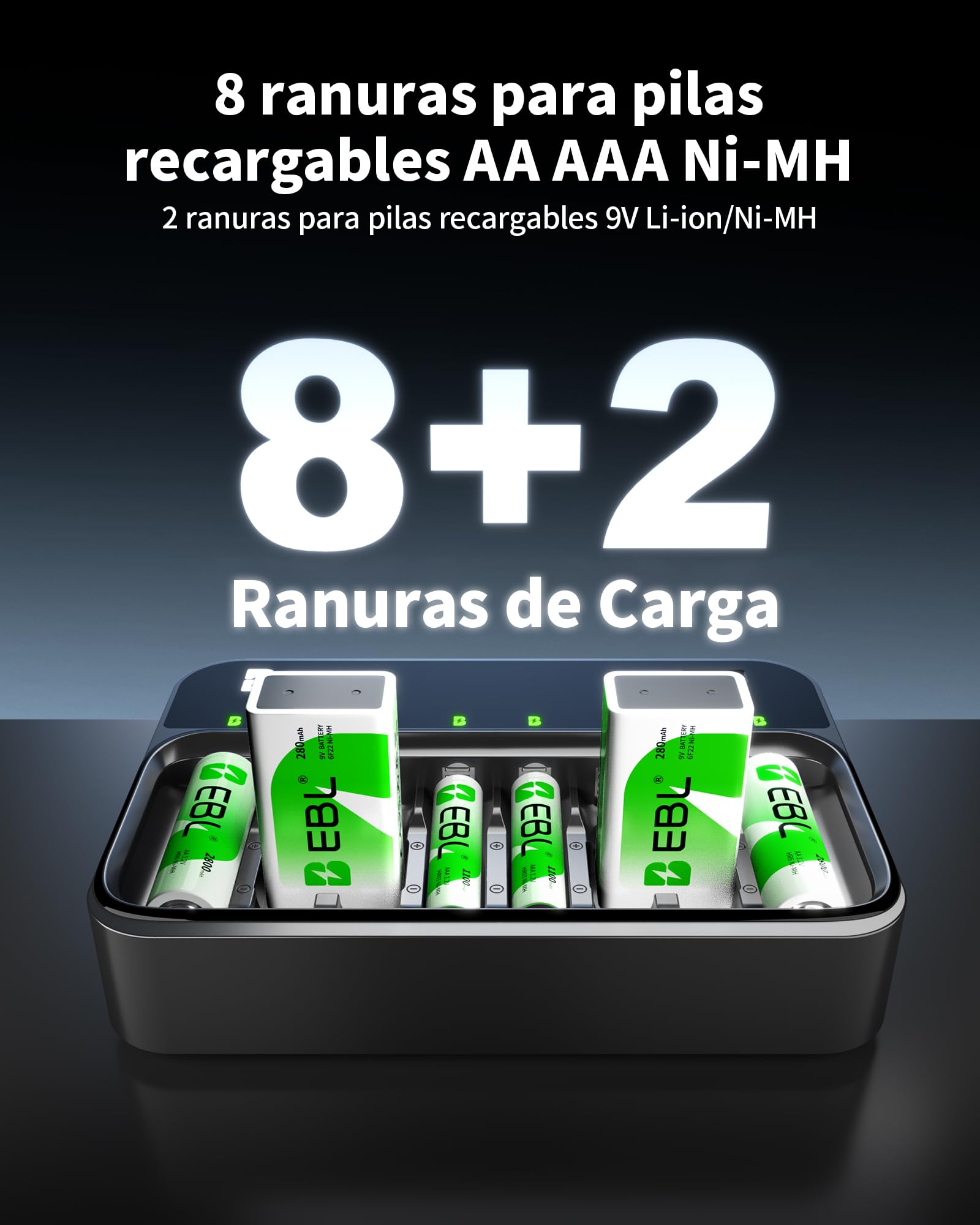 EBL Cargador de Pilas para AA AAA 9V, 8 Ranuras Independientes con Cargador de Batería USB-C PD3.0 & Entrada Micro USB, Cargador Rápido — view 2