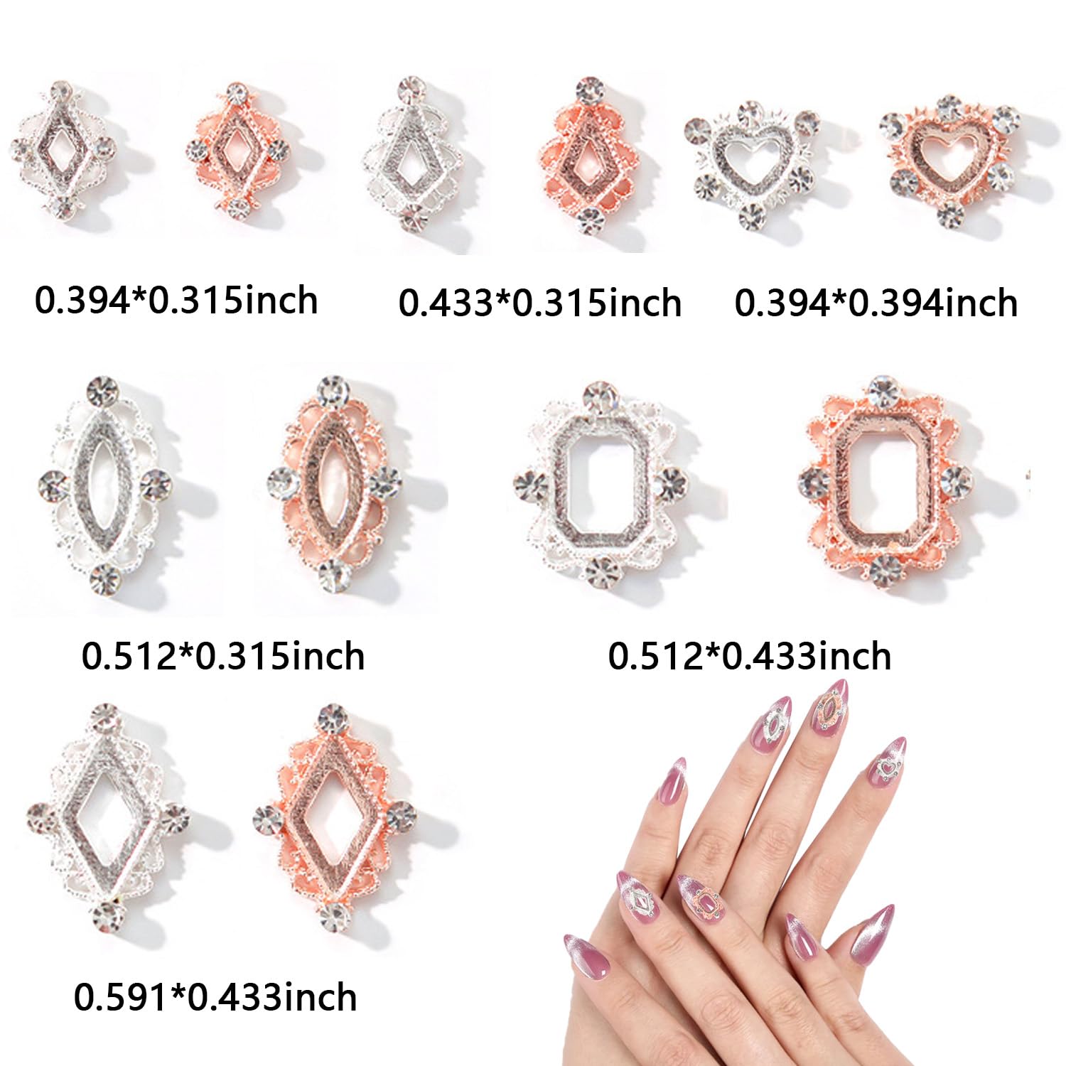 XEAOHESY 36pcs 3D Metal Nail Charms Retro Rose Gold Silver Nail Art Charms Inlay Clear Rhinestones Nail Gems and Charms Heart Rhombus Square Hollow Out Frame Nail Art Decoration Accessories for Women