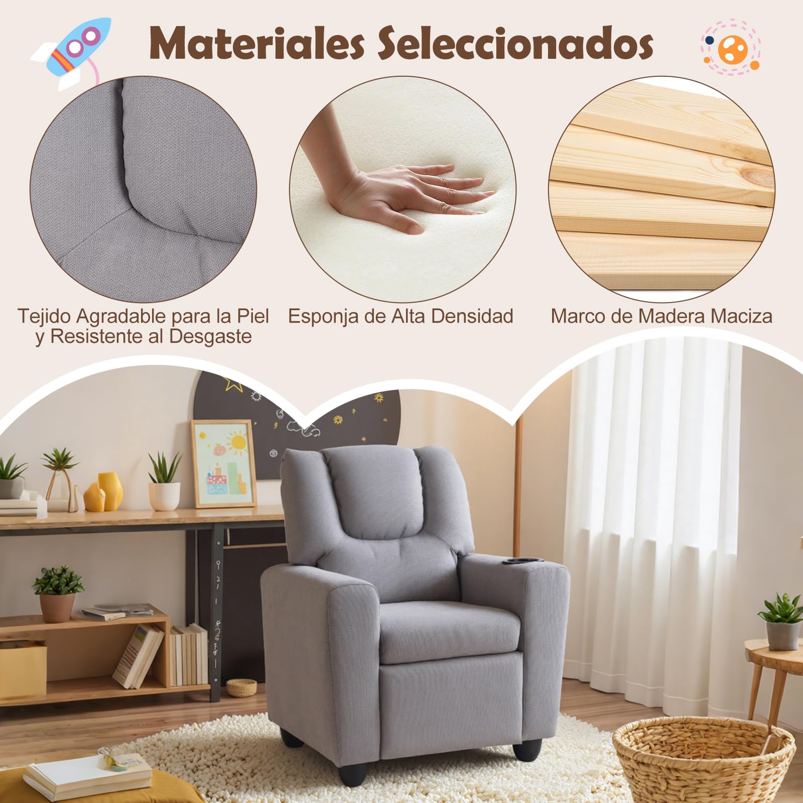 GOPLUS Sillón Reclinable Infantil con Portavasos, Silla Reclinable de Tela de Terciopelo con Respaldo y Reposapiés Ajustables, Cojín de Asiento con Resortes, Sofá para Niños de 3+ Años (Gris)