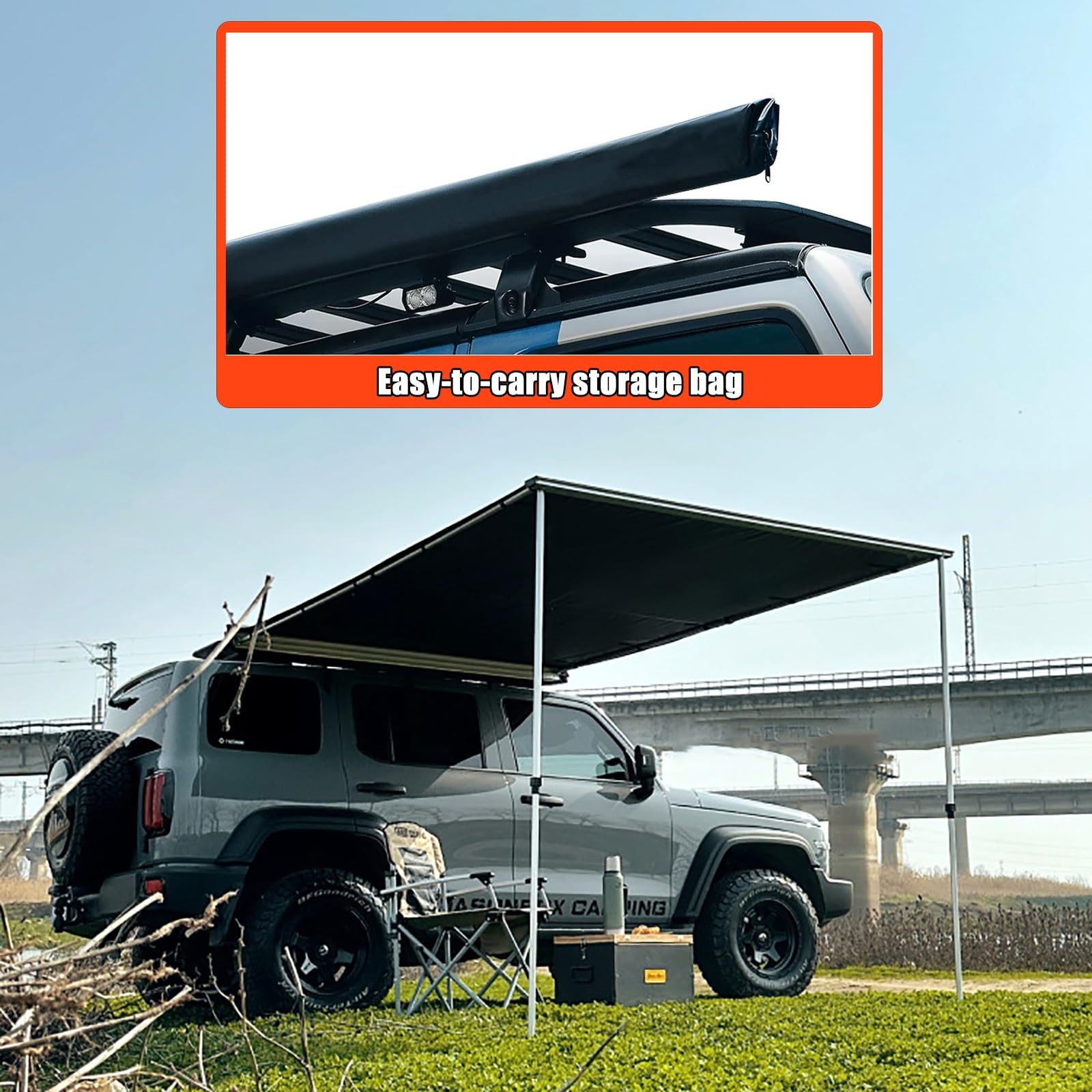 Tenda per Camper, Tendalino Parasole Estraibile da Tetto, Tenda per Furgone Laterale UV50+, PU5000mm, Altezza Regolabile, Tendalino Resistente Alle Intemperie per SUV/camion/furgone(Black,200x200cm/6.