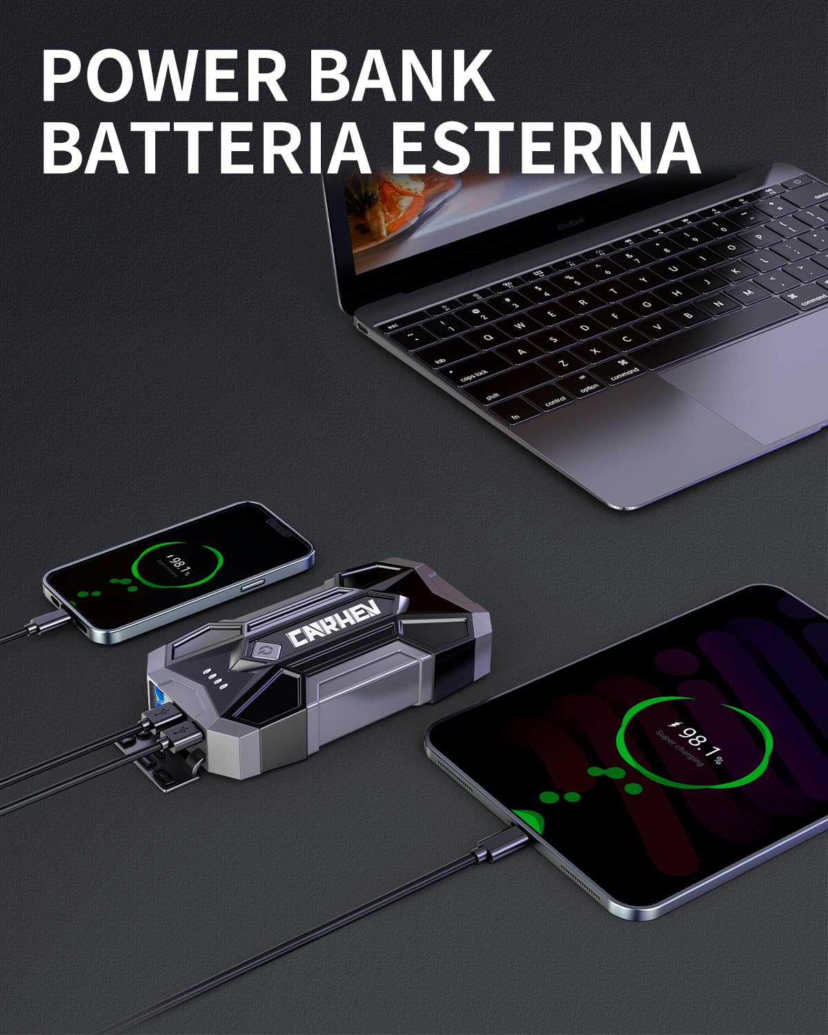 CARHEV Avviatore Batteria Auto 4500A, 12V Avviatore Emergenza per Auto (fino a 8.0L Benzina o 8.0L Diesel), Booster Avviamento Autos con Torcia a LED, Starter Batteria con USB Quick Charge 3.0