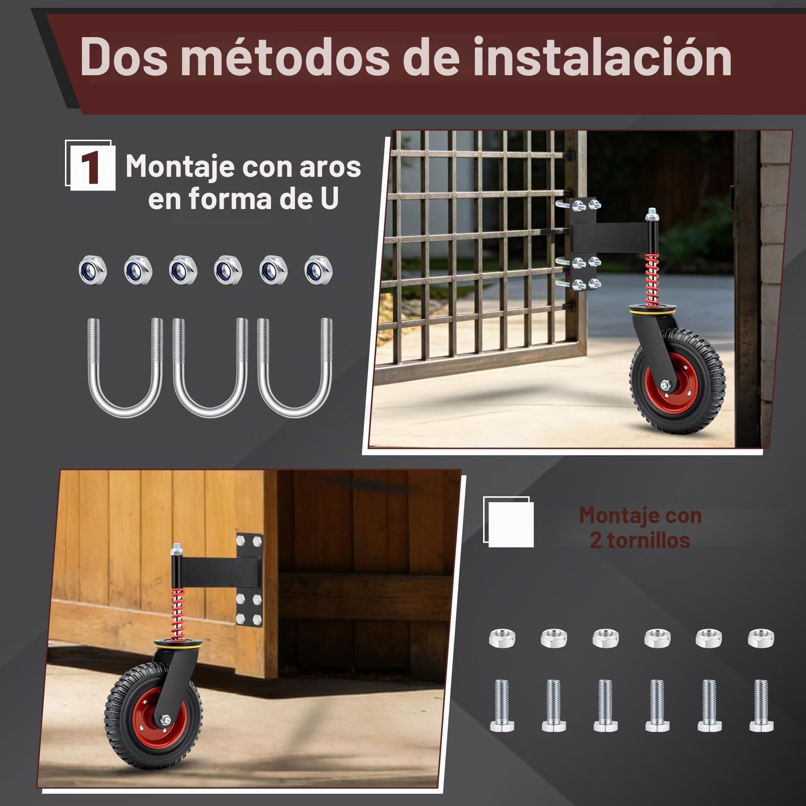 200mm Rueda para PortóN Pesada con Muelle y Engrasador, 250kg Capacidad, Rueda de Goma Negra para Terreno Irregular, CéSped y Grava, Ruedas para Puertas de Madera y Metal, Juego de 2